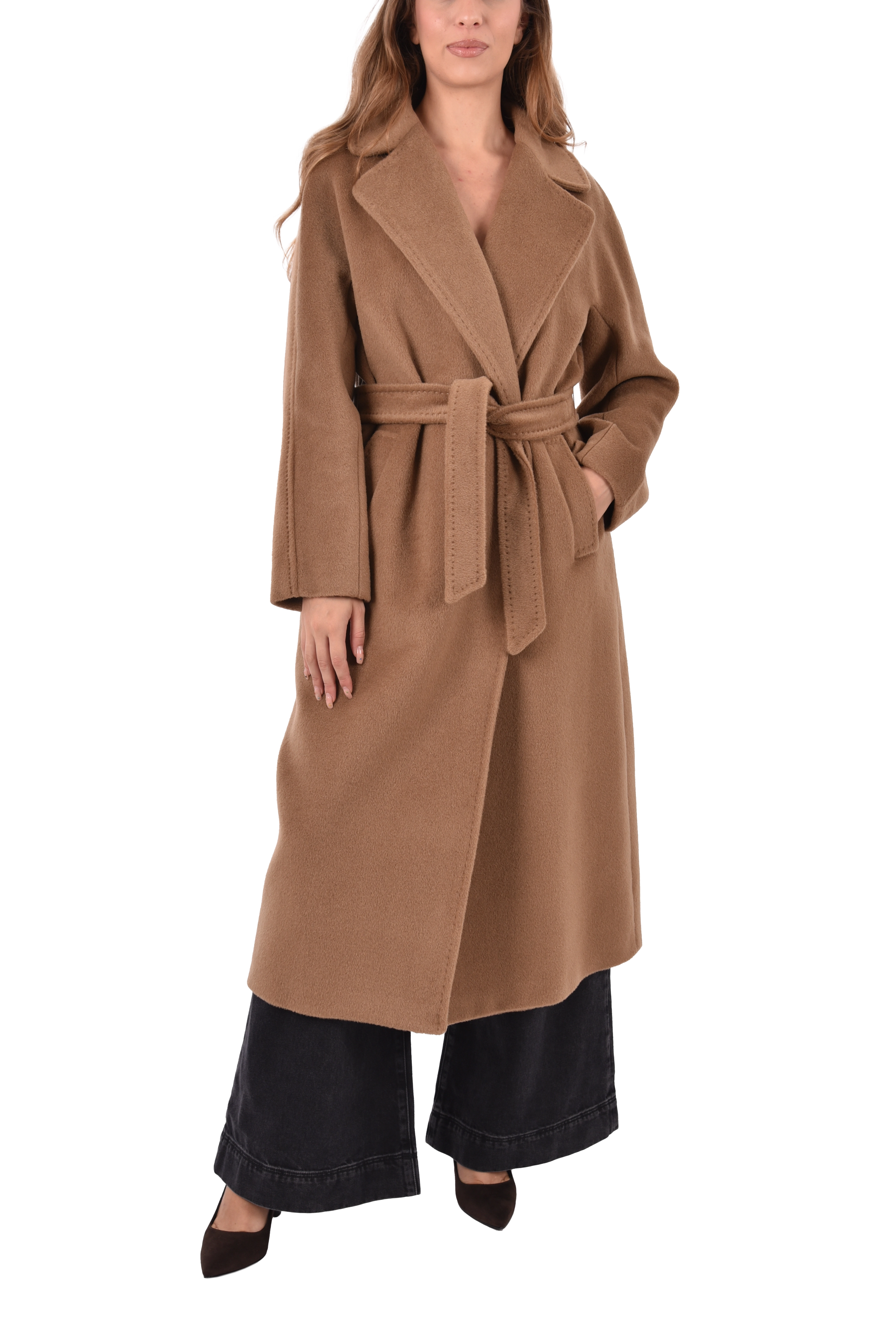 CAPPOTTO LUNGO CON CINTURA IN MISTO LANA E ALPACA DONNA MARRONE