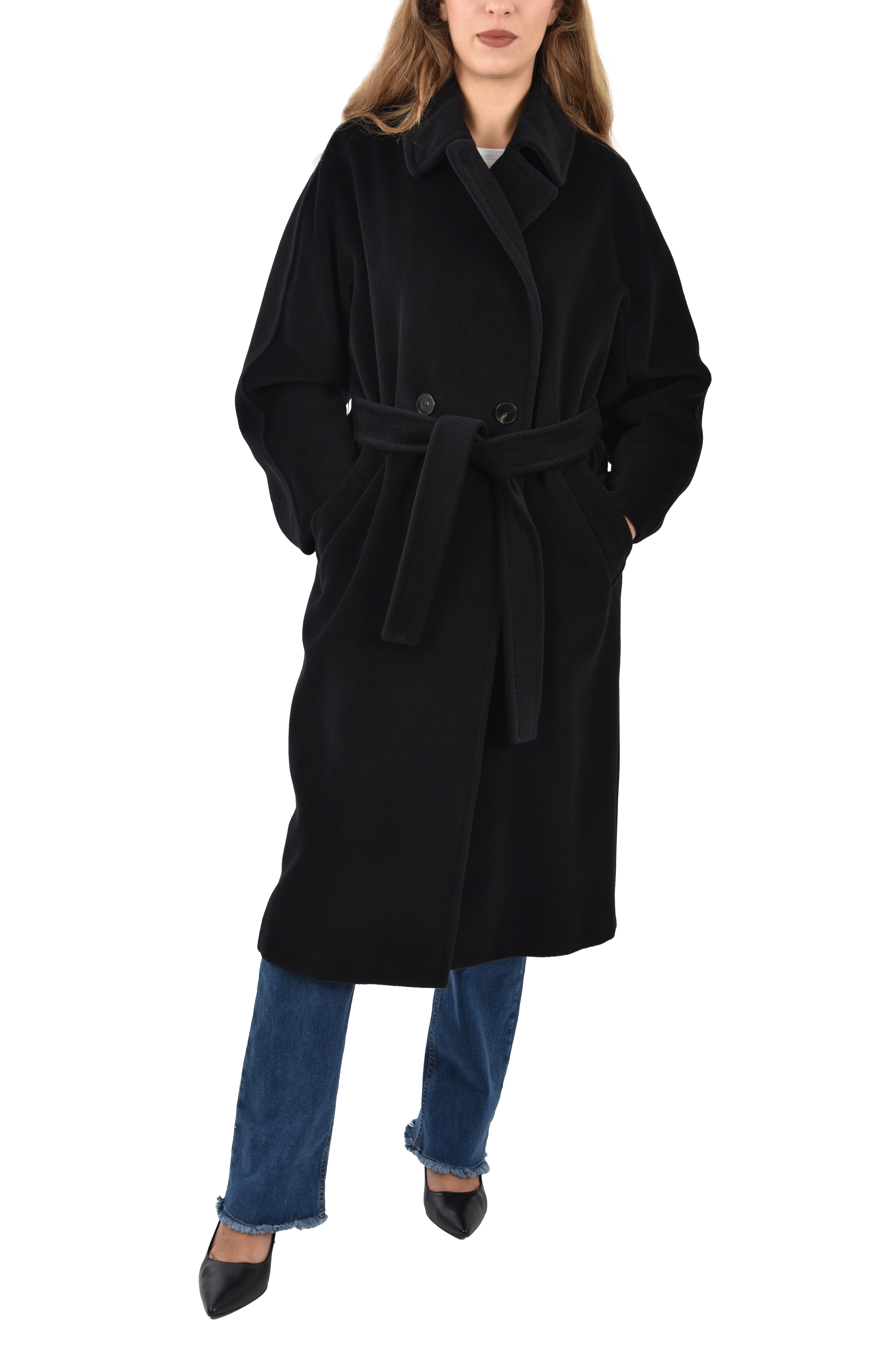 CAPPOTTO LUNGO IN PURA LANA VERGINE CON CINTURA DONNA NERO