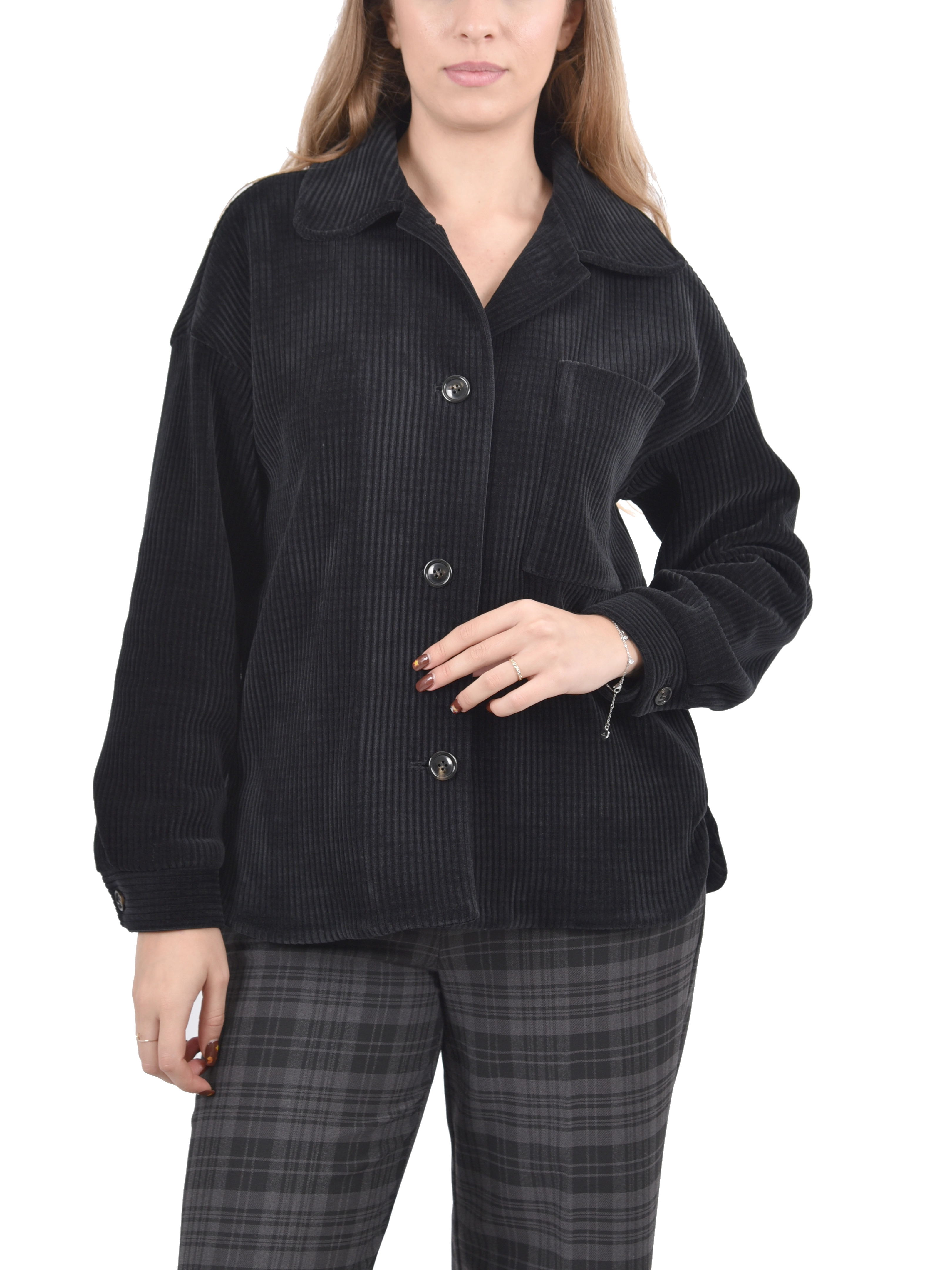 GIACCA CORTA IN VELLUTO A COSTE CON TASCA DONNA ANTRACITE