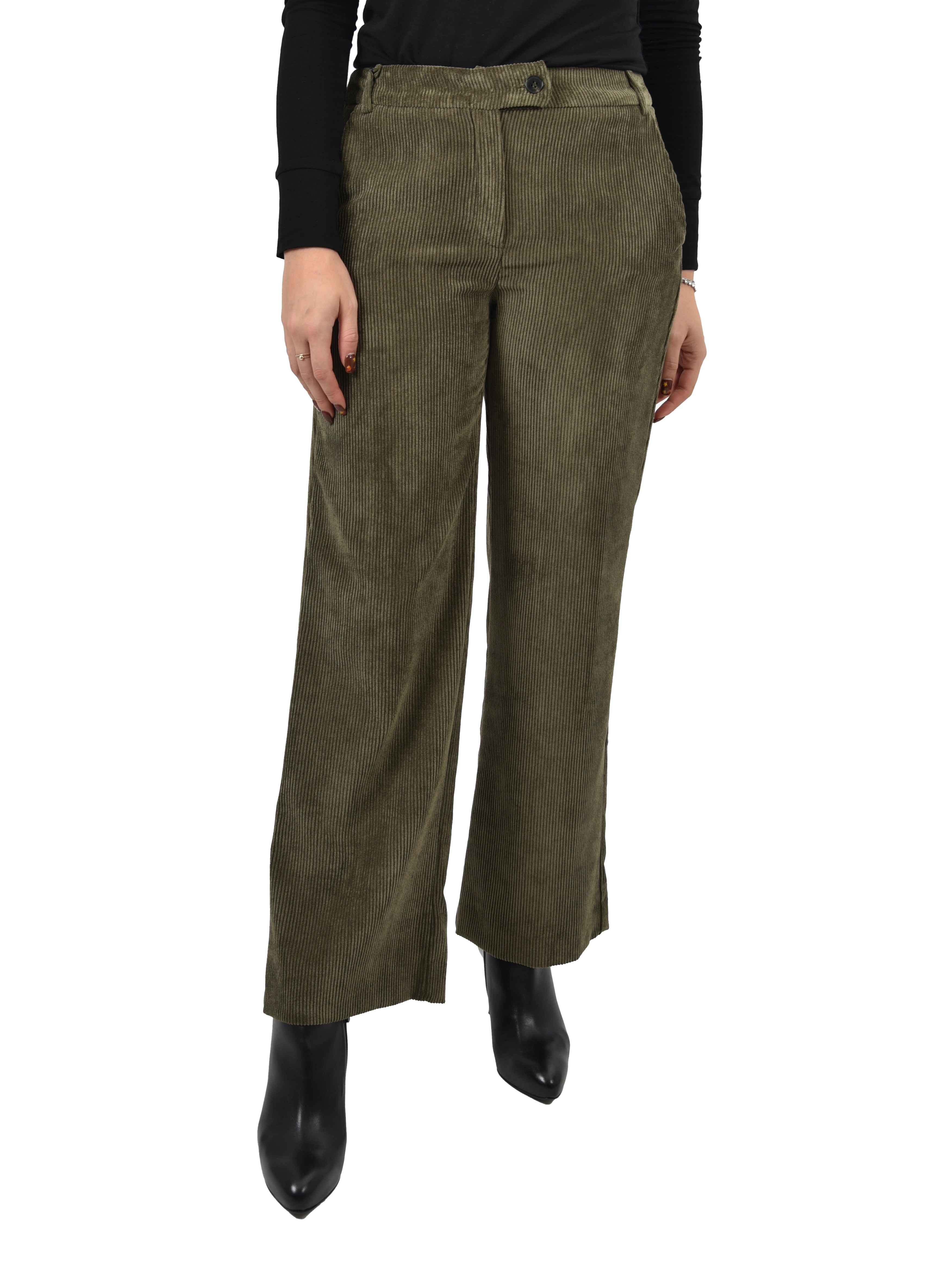 PANTALONI PALAZZO IN VELLUTO A COSTE CON BOTTONE A VISTA DONNA VERDE