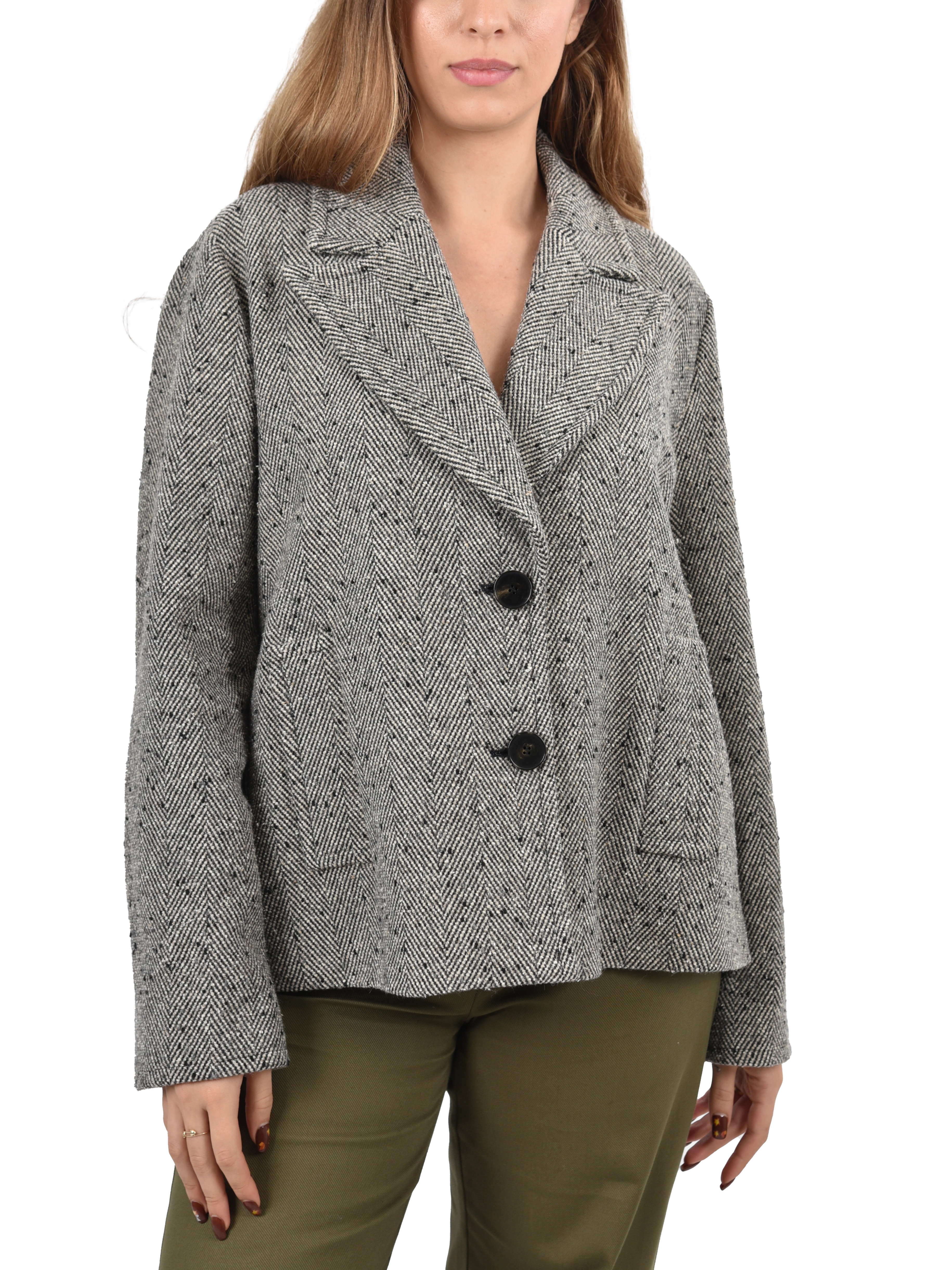 GIACCA CORTA MISTO LANA SCOLLO A REVER MONOPETTO DONNA NERO