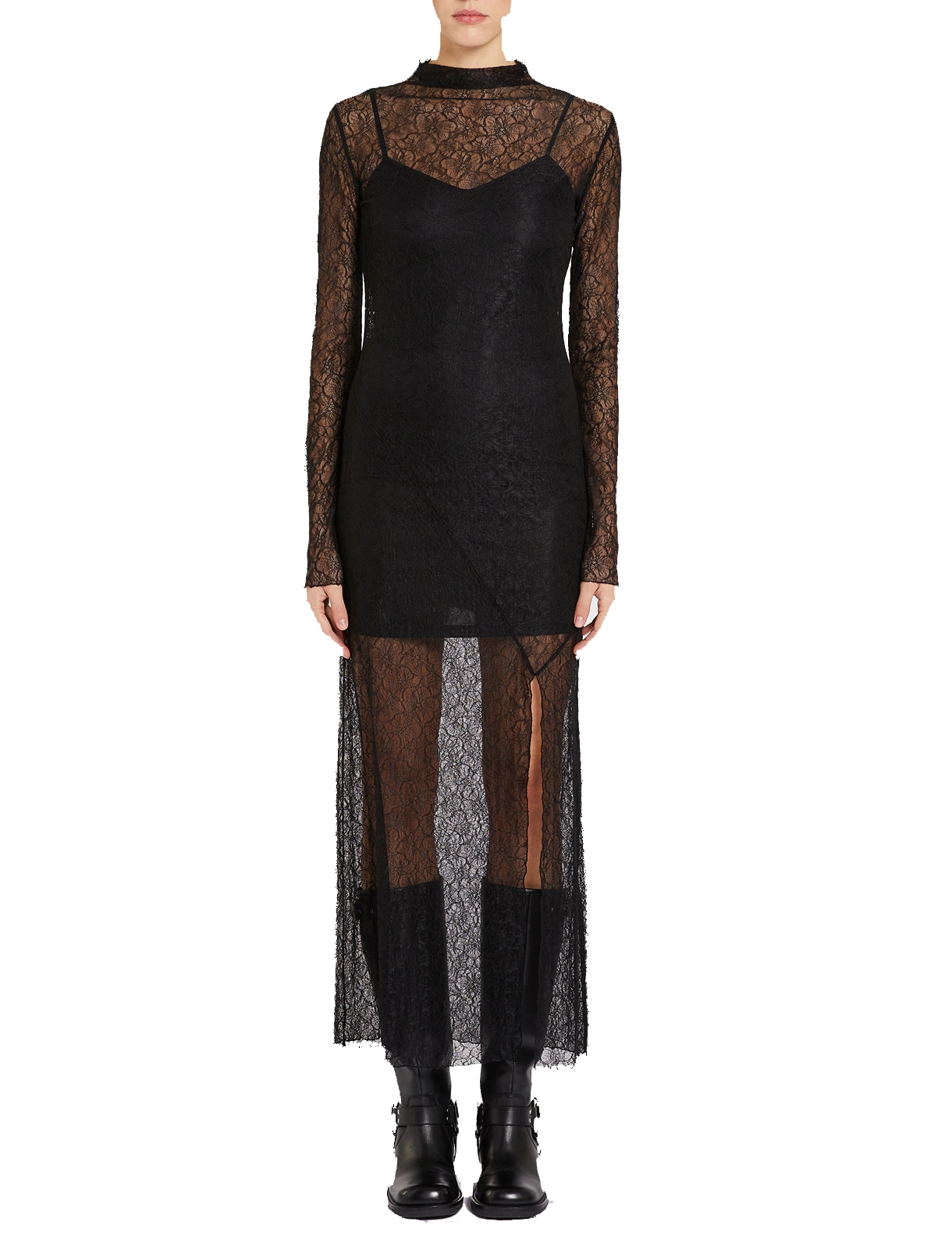 VESTITO LUNGO IN PIZZO FLOREALE DONNA NERO