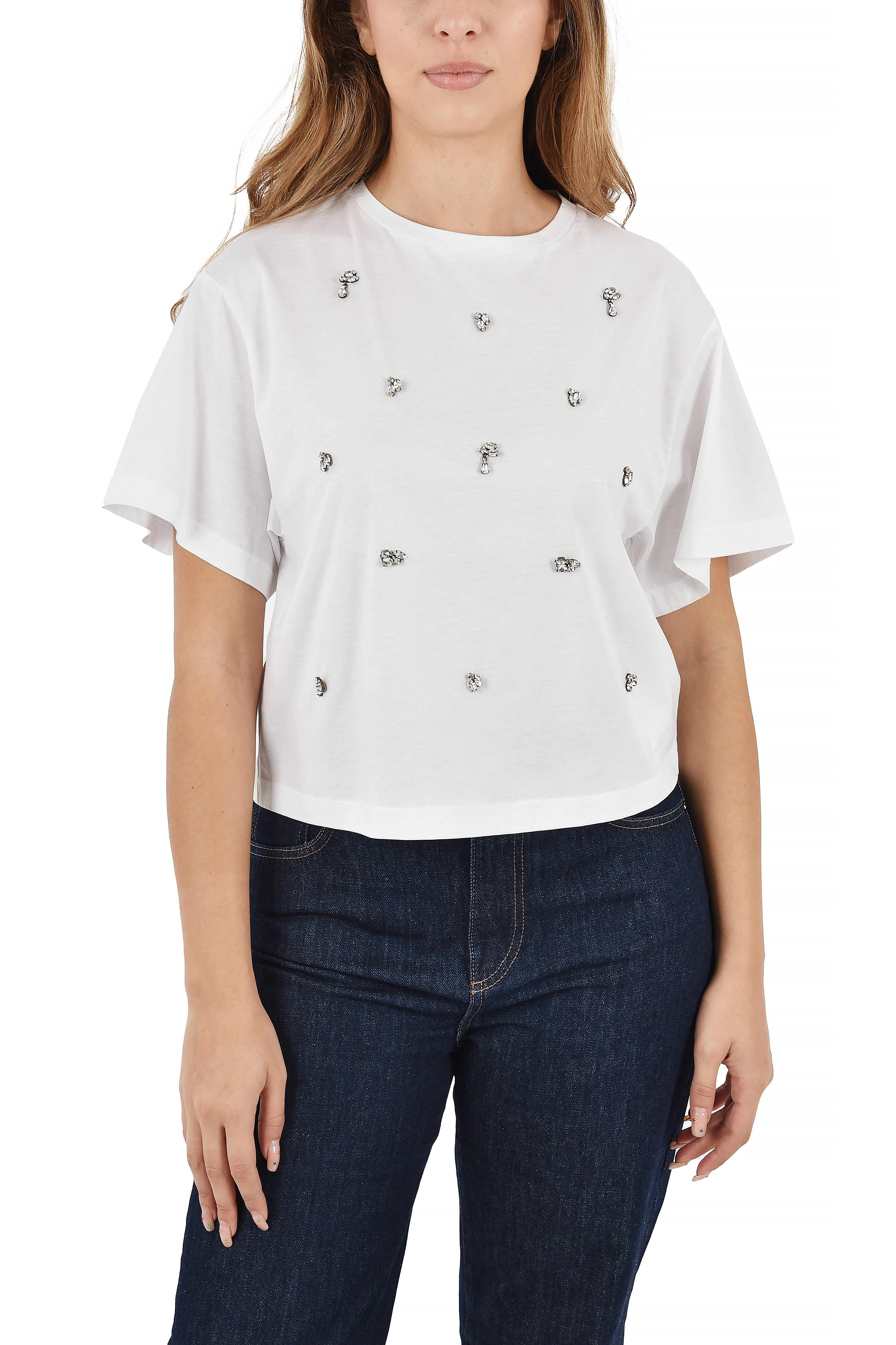 T-SHIRT MANICA CORTA IN COTONE CON CRISTALLI DONNA BIANCO