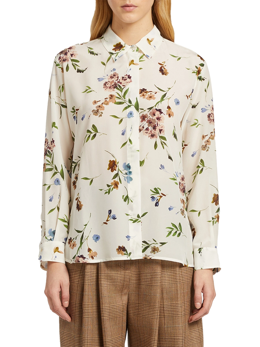 CAMICIA IN SETA CON STAMPA FANTASIA FLOREALE DONNA PANNA