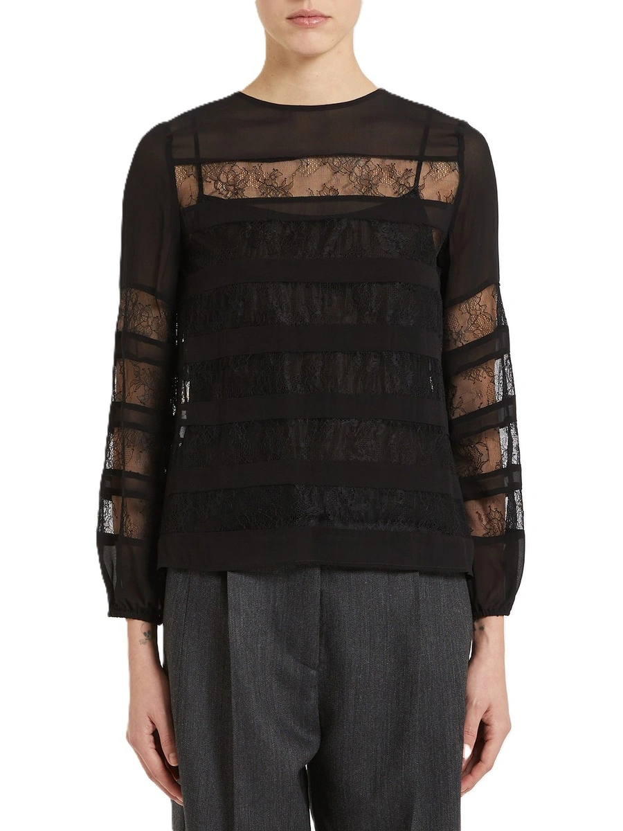 BLUSA CON DETTAGLI TRASPARENTI E PIZZO  DONNA NERA