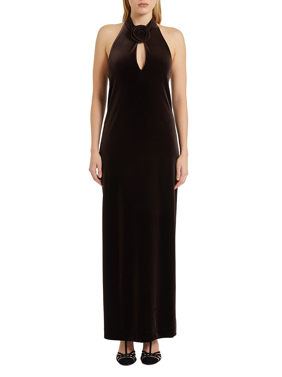 VESTITO LUNGO IN VELLUTO CON SCOLLO A GOCCIA DONNA MARRONE
