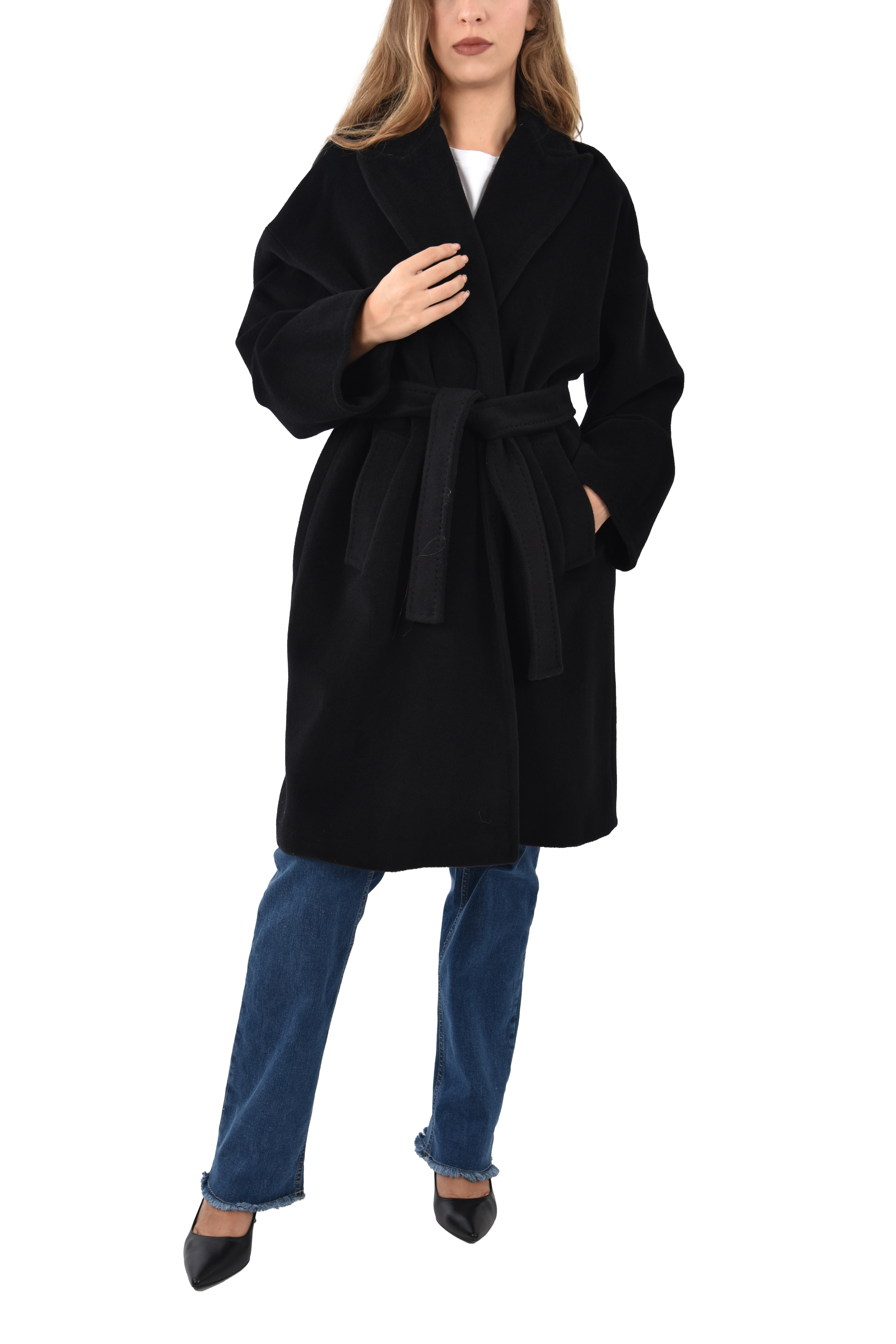 CAPPOTTO LUNGO IN PURA LANA VERGINE SCOLLO A REVER DONNA NERO