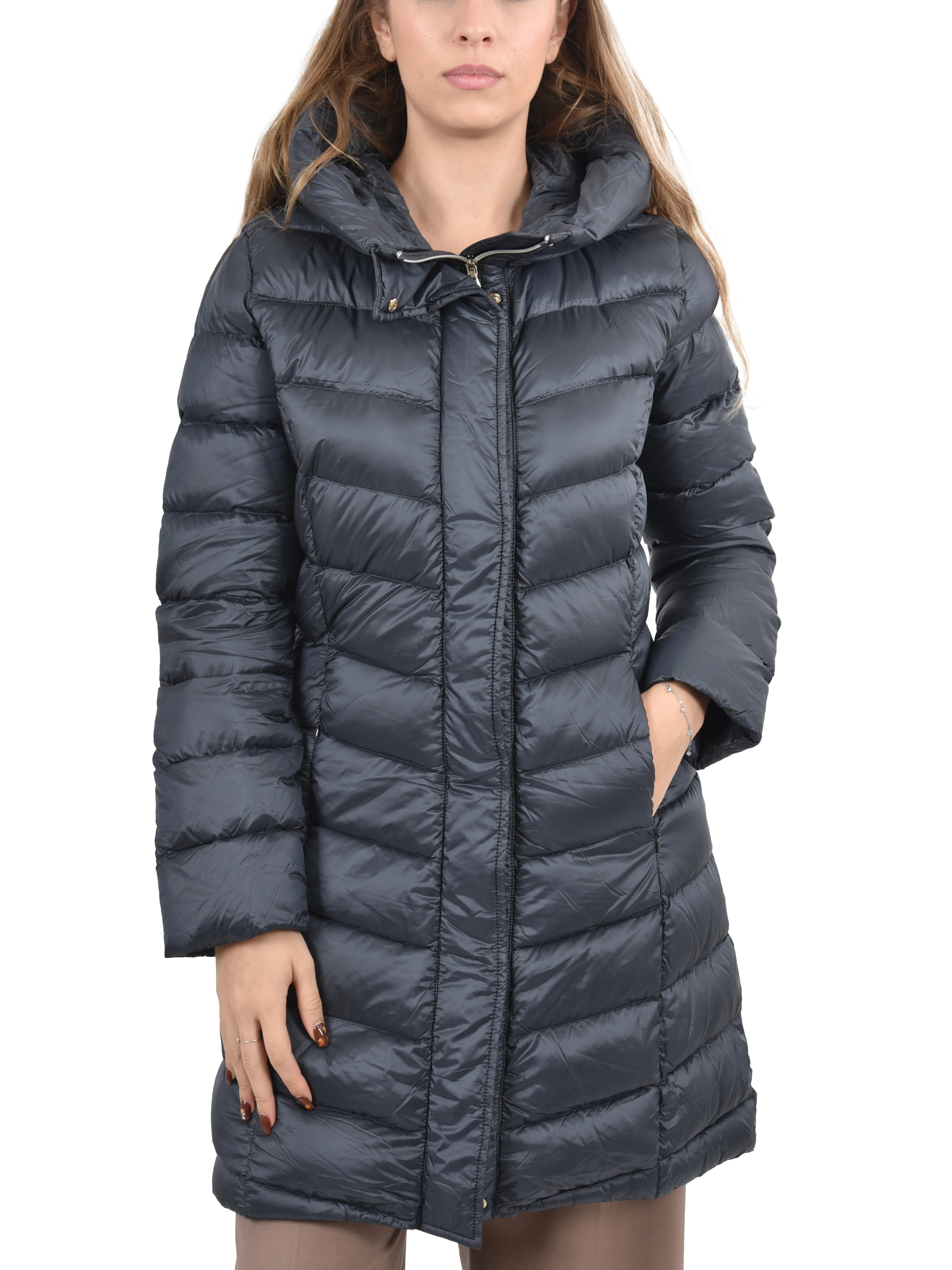 PIUMINO CON CAPPUCCIO E ZIP NASCOSTA DONNA ANTRACITE