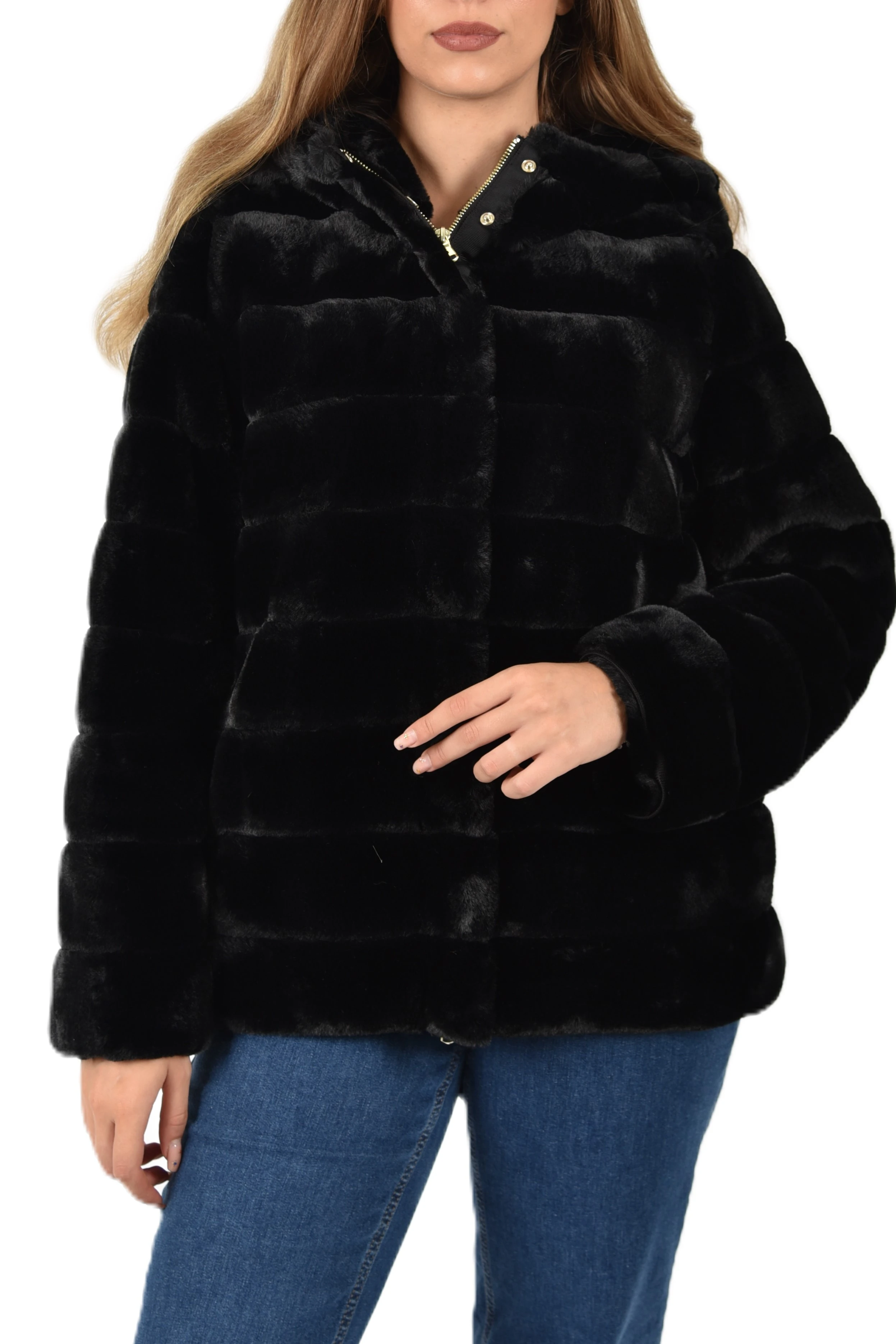 PIUMINO IN ECOPELLICCIA CHIUSURA FULL ZIP DONNA NERO