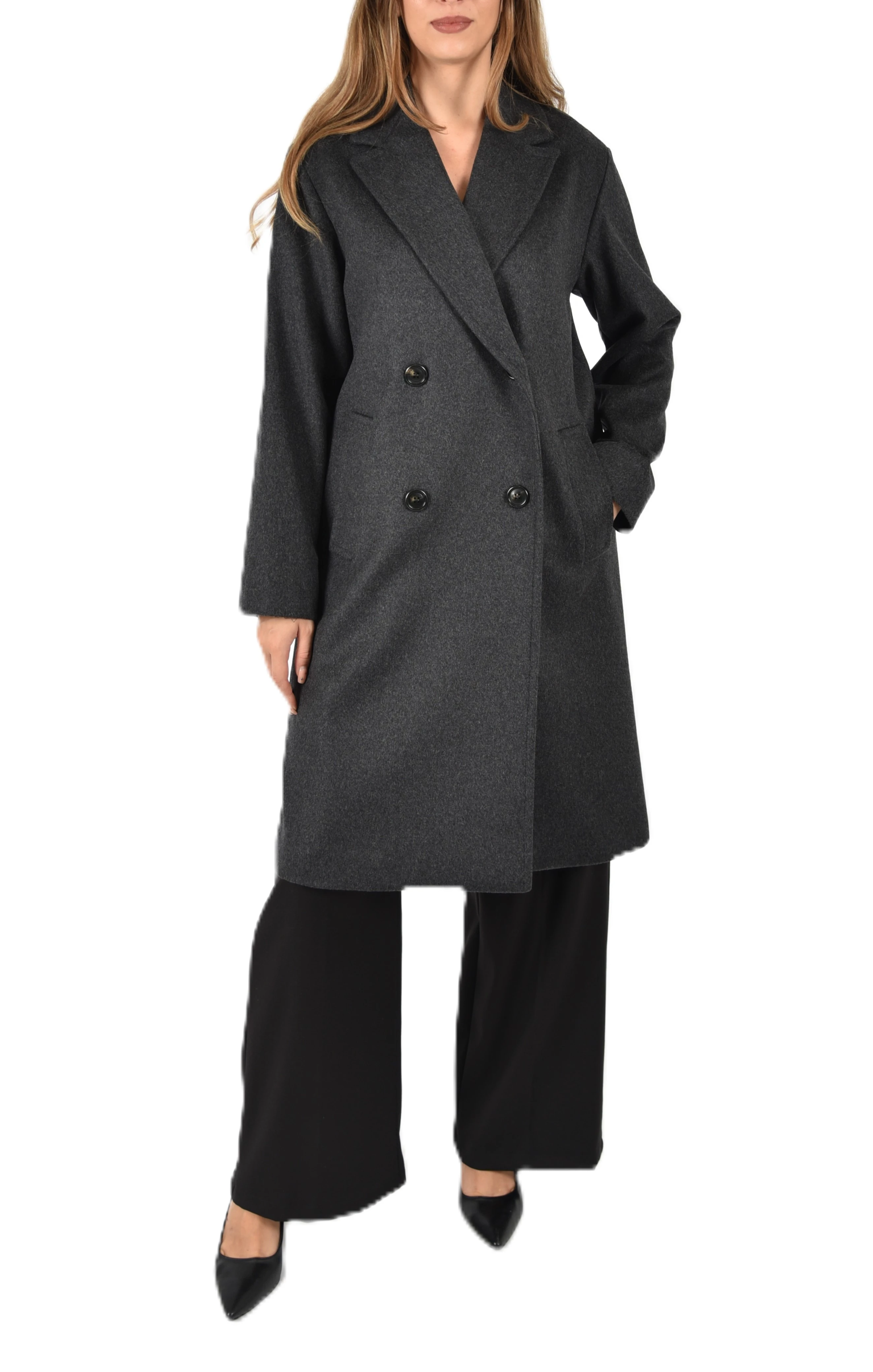 CAPPOTTO LUNGO MISTO LANA CON REVER IPUNTURATO DONNA ANTRACITE
