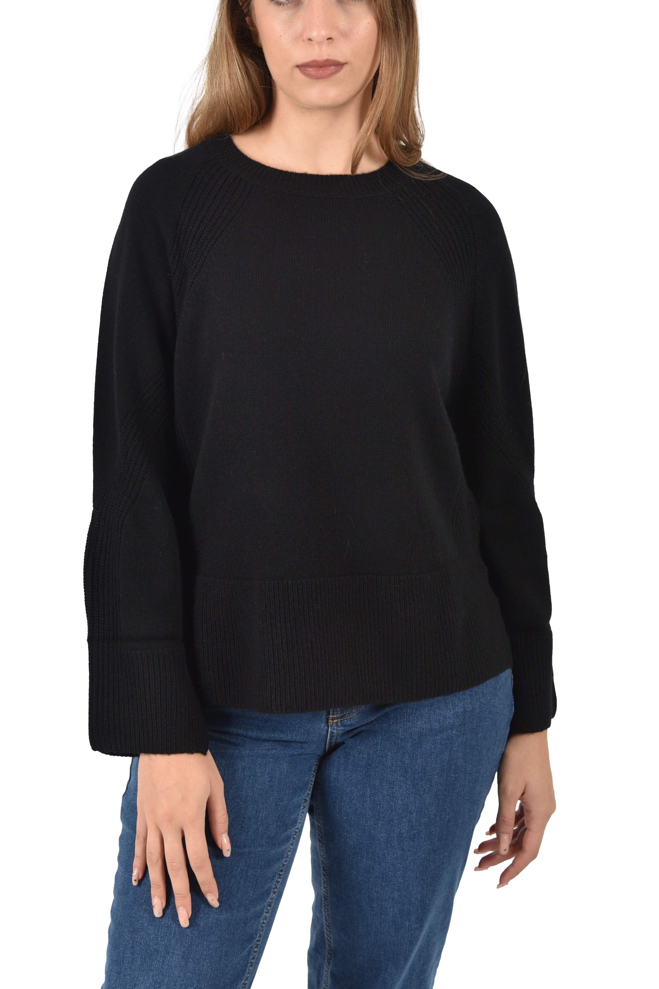 MAGLIA GIROCOLLO MISTO LANA CON SPACCHI LATERALI DONNA NERO