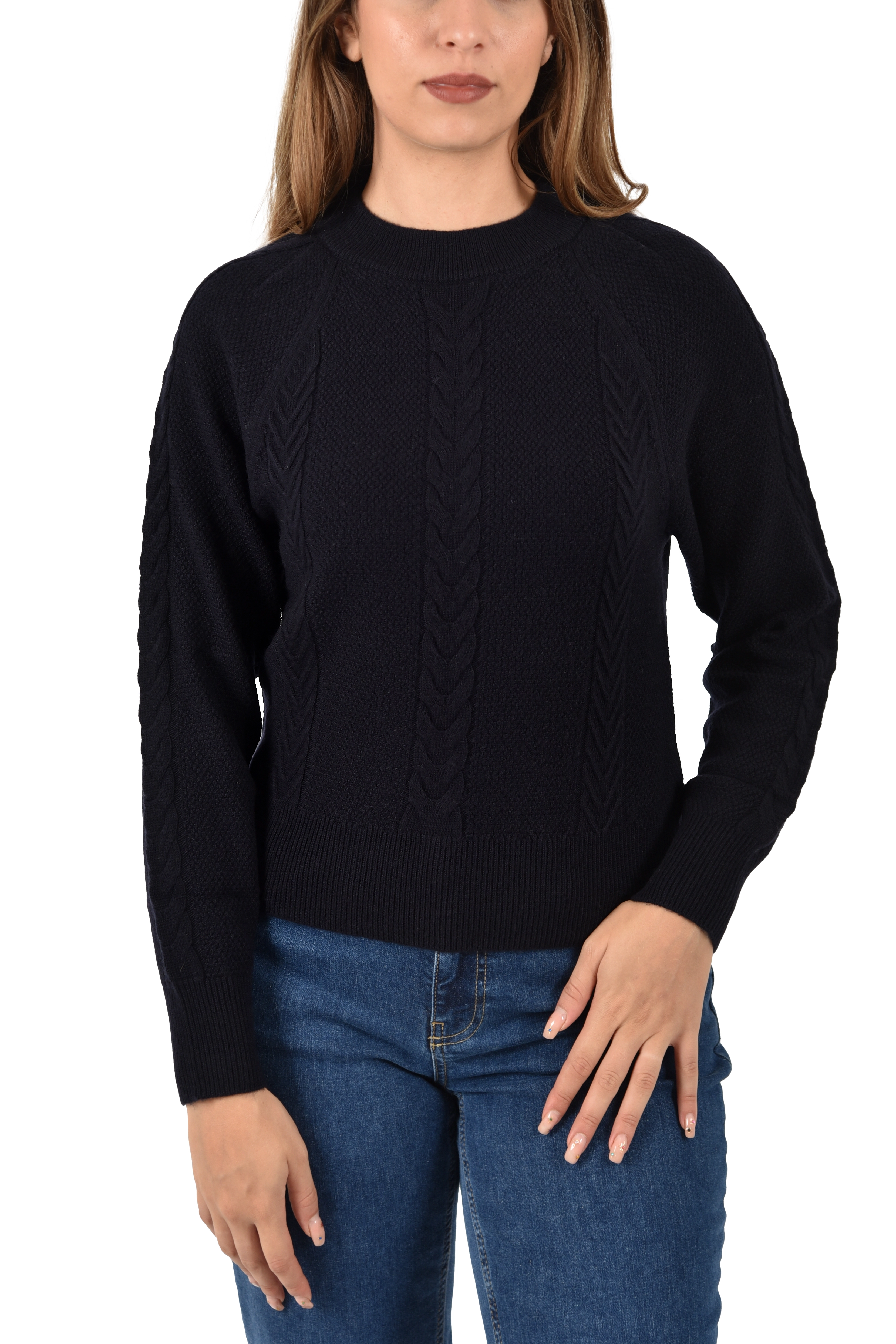 MAGLIA GIROCOLLO MISTO LANA CON RILIEVO AD INTRECCI DONNA BLU