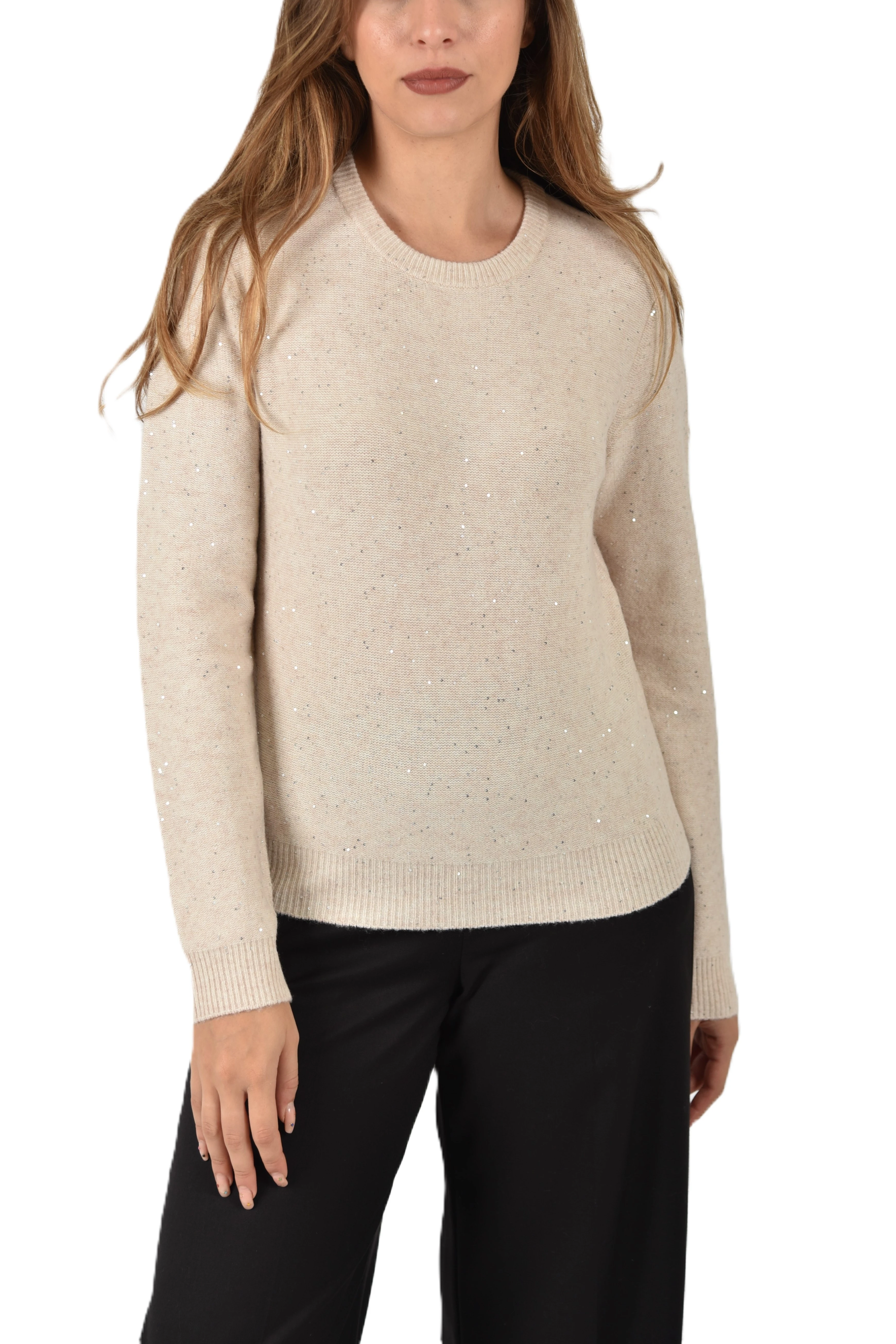 MAGLIA GIROCOLLO CON PAILLETTES E POLSI A COSTINE DONNA BEIGE