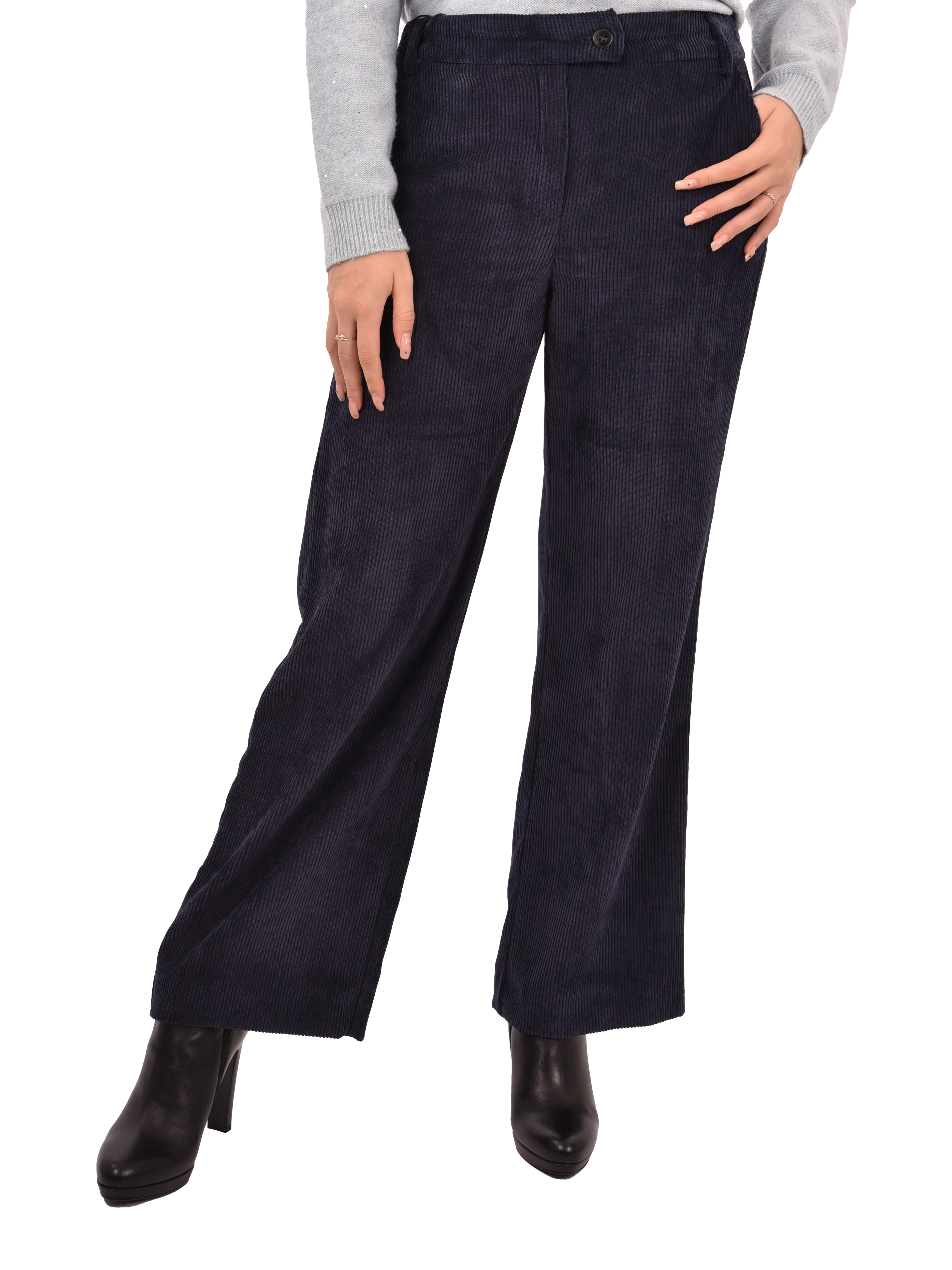 PANTALONI PALAZZO IN VELLUTO A COSTE CON BOTTONE A VISTA DONNA BLU SCURO