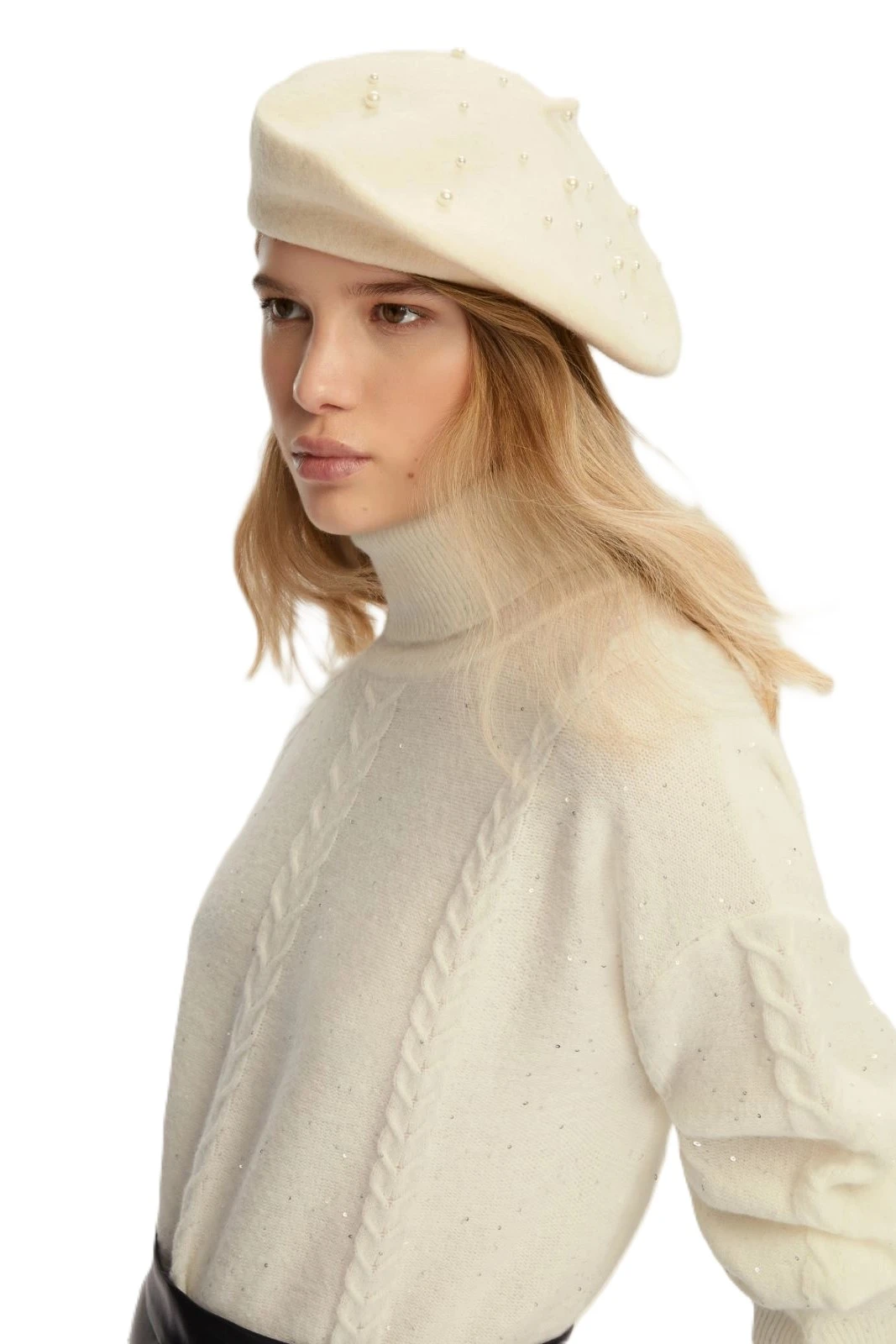 BASCO IN FELTRO DI PURA LANA CON PERLE DONNA AVORIO