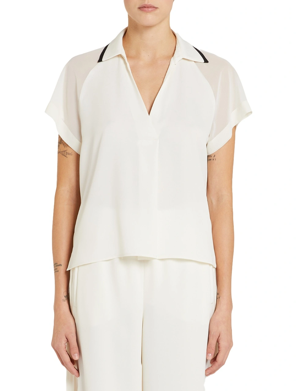 POLO MANICA CORTA IN SATIN  CON DETTAGLI IN GEORGETTE DONNA BIANCO