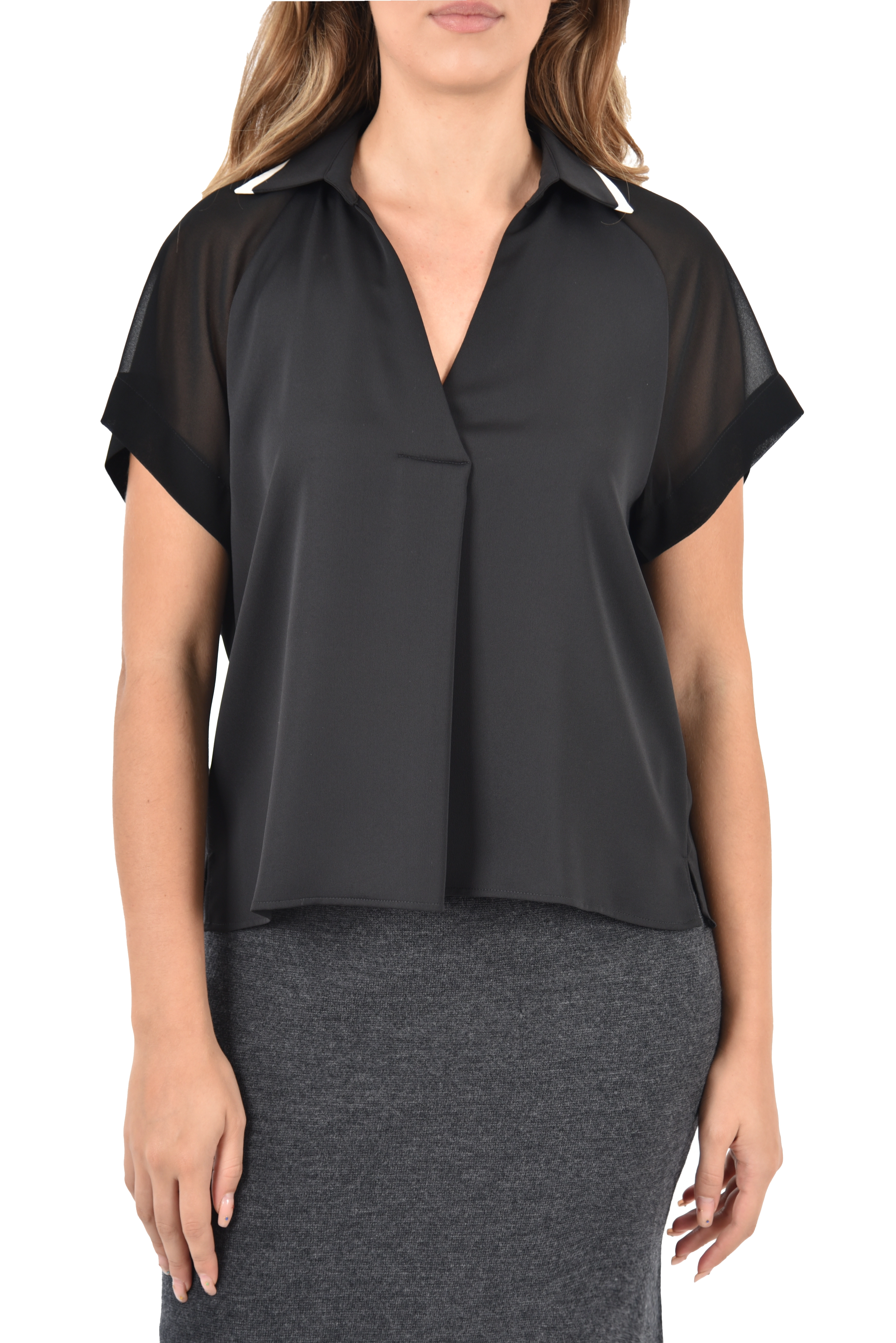 POLO MANICA CORTA IN SATIN  CON DETTAGLI IN GEORGETTE DONNA NERO