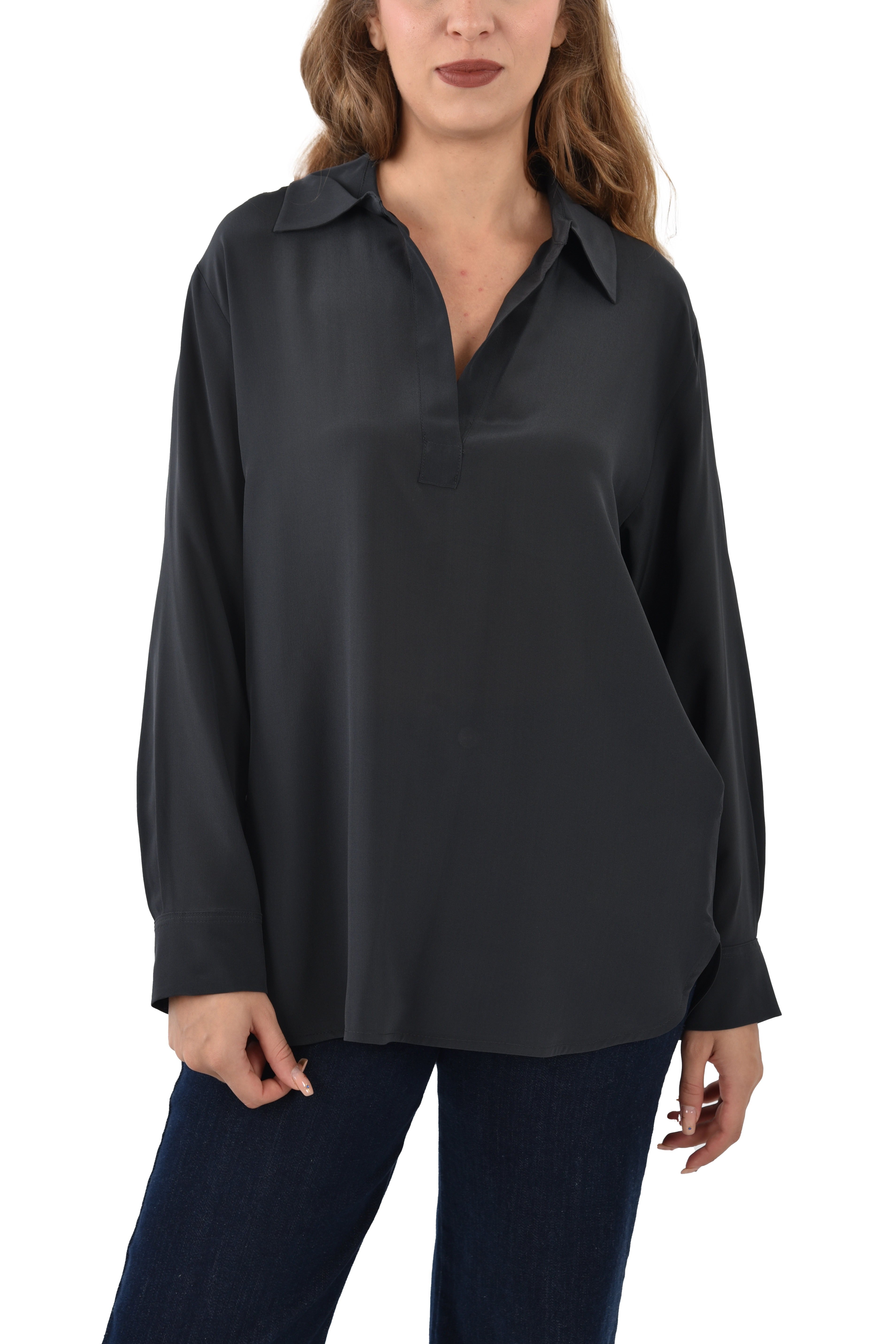 BLUSA IN PURA SETA CON COLLO A POLO DONNA ANTRACITE