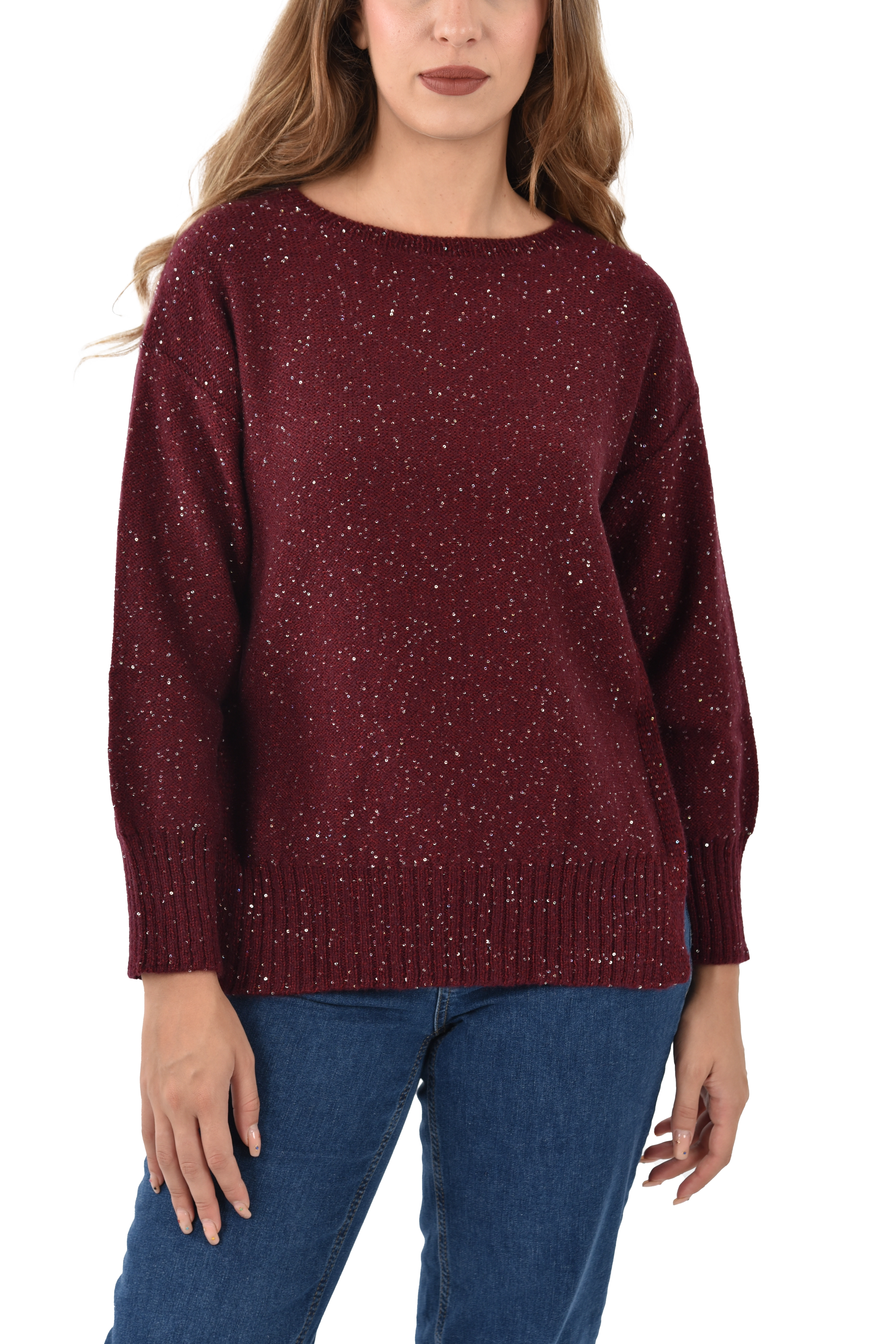 MAGLIA GIROCOLLO CON MICRO PAILLETTES E SPACCHI LATERALI DONNA BORDEAUX