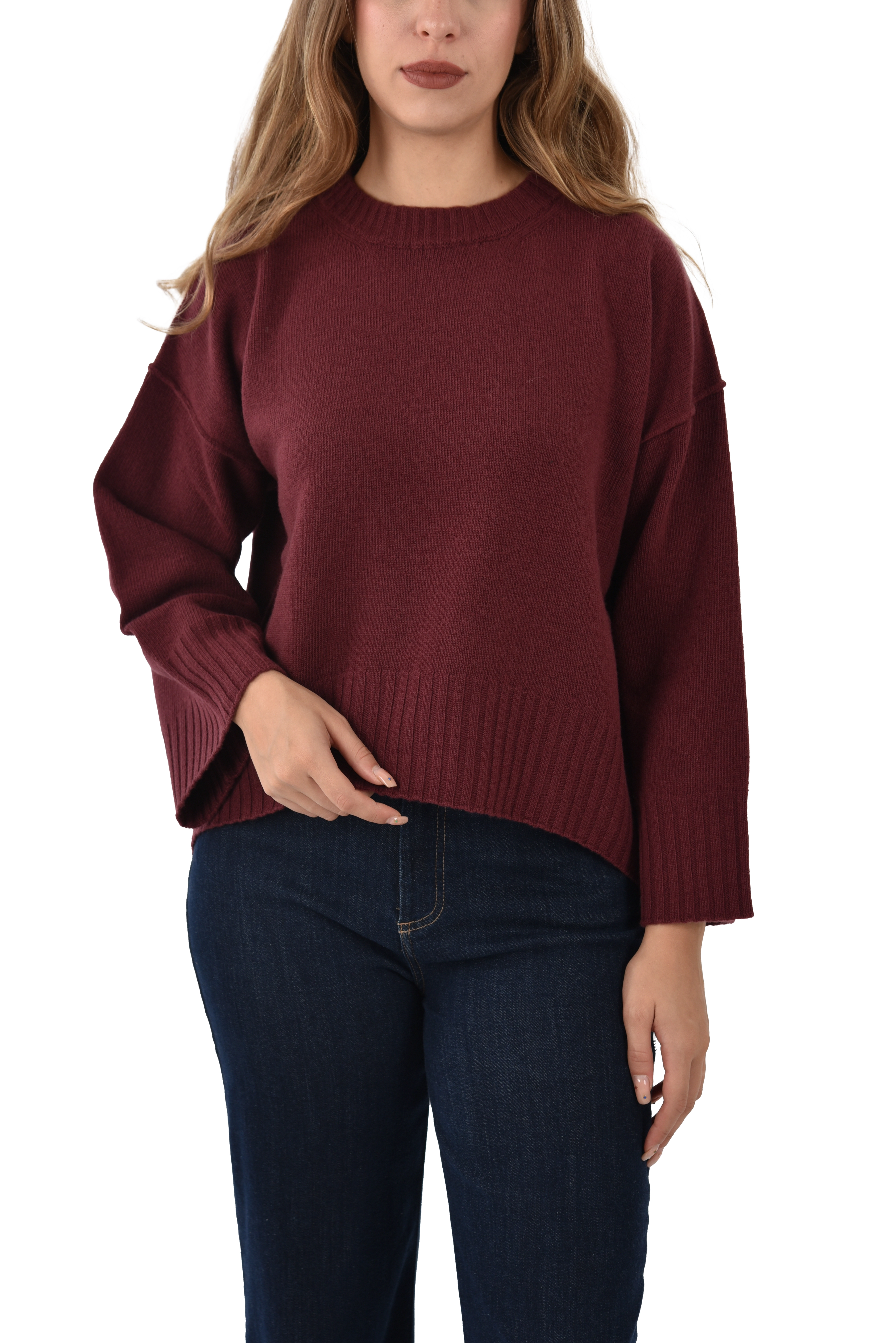 MAGLIA GIROCOLLO IN LANA VERGINE SPALLA SCESA DONNA BORDEAUX