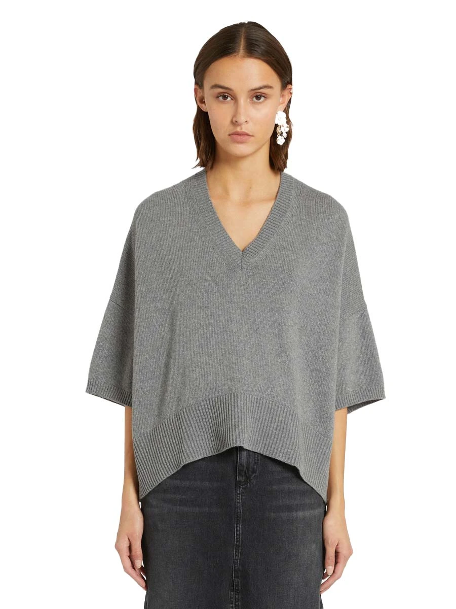 MAGLIA SCOLLO A V  RIFINITO A COSTINA DONNA GRIGIO