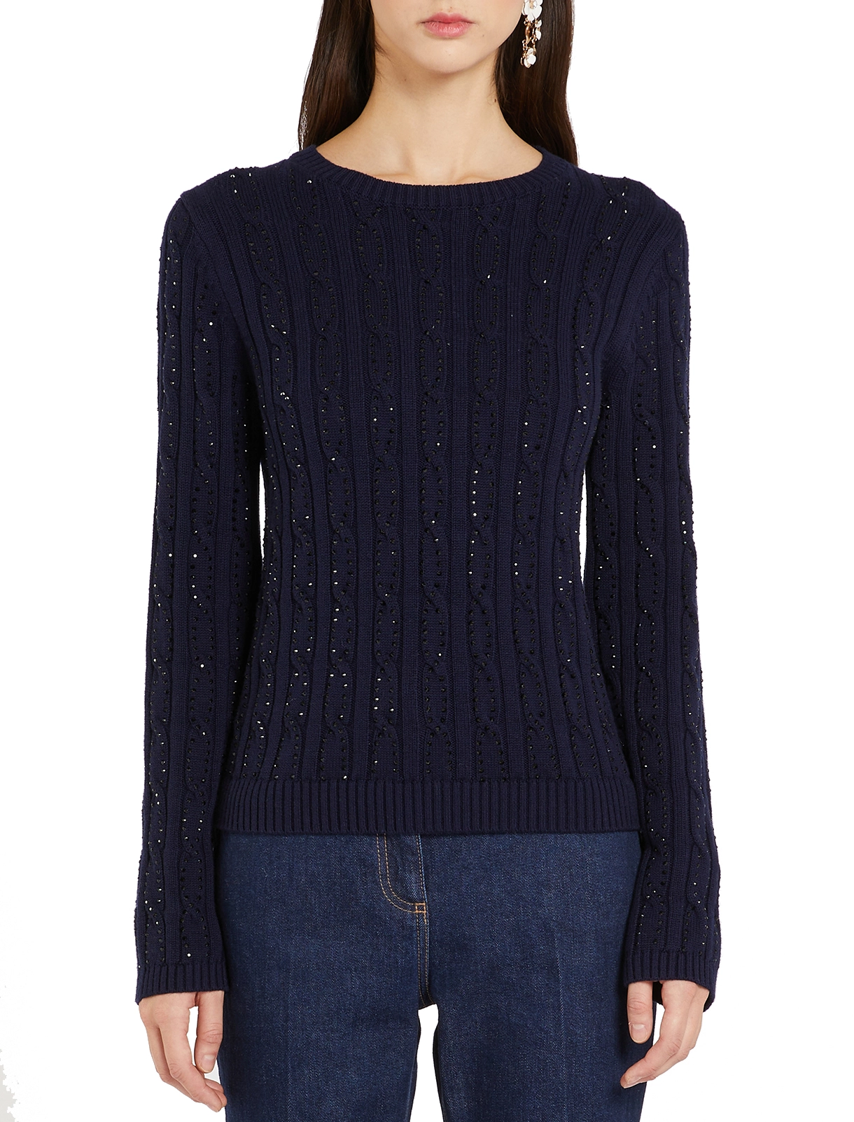 MAGLIA GIROCOLLO IN MISTO LANA CON LAVORAZIONE A TRECCE DONNA BLU