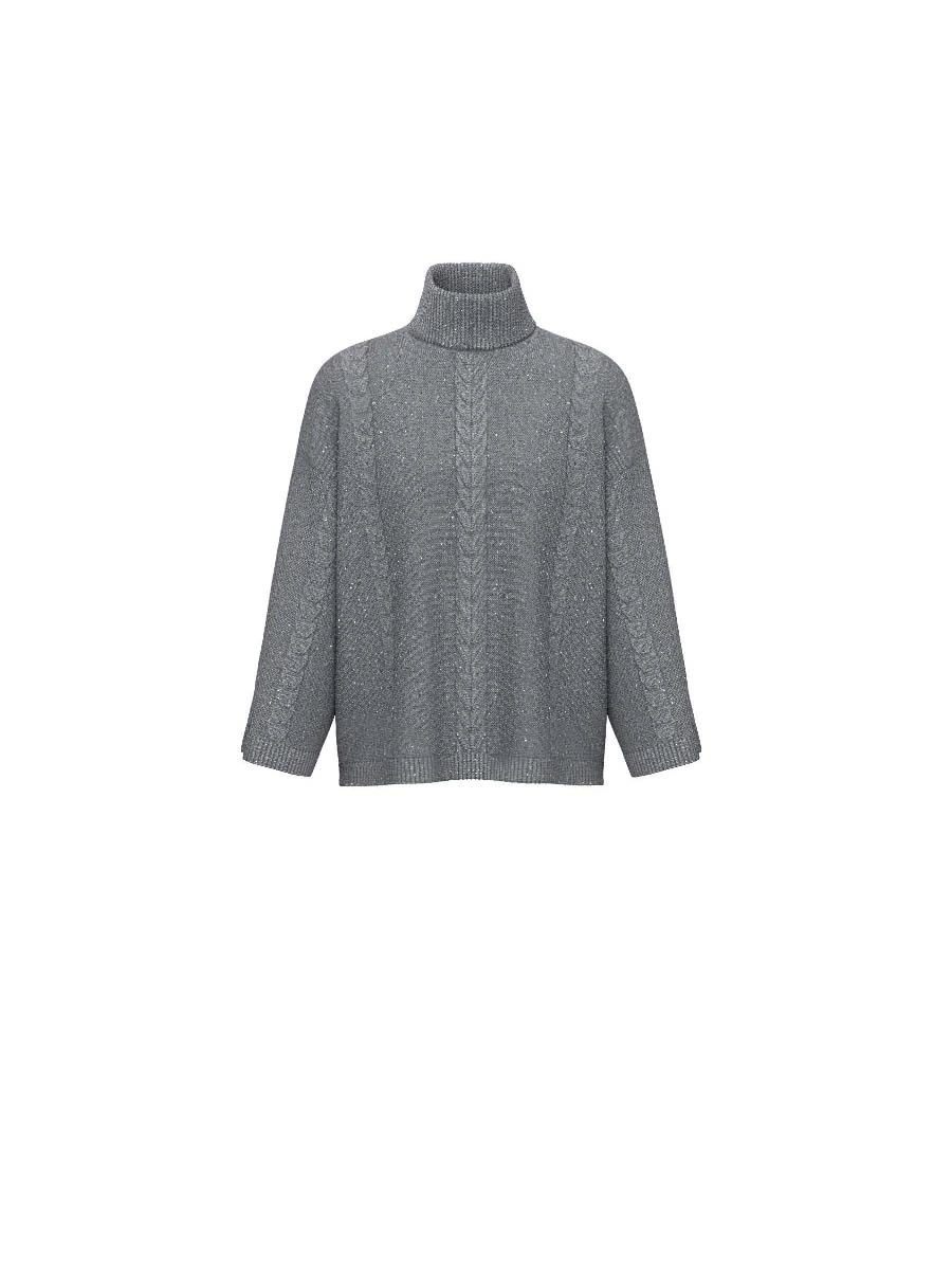 MAGLIA DOLCEVITA CON PAILLETTES E LAVORAZIONE A TRECCE DONNA GRIGIO