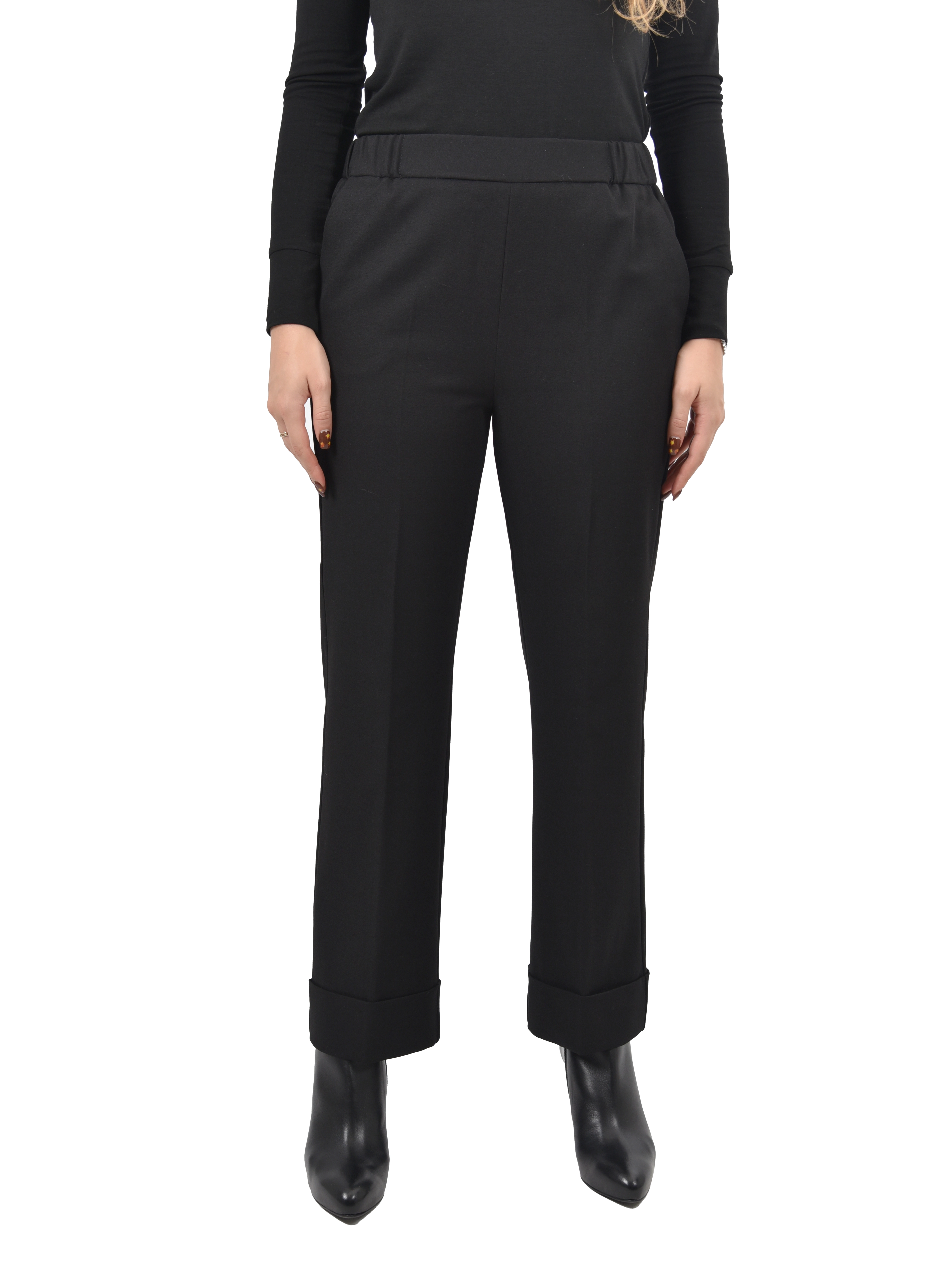 PANTALONI CHINO CON ELASTICO IN VITA E RISVOLTO DONNA NERO