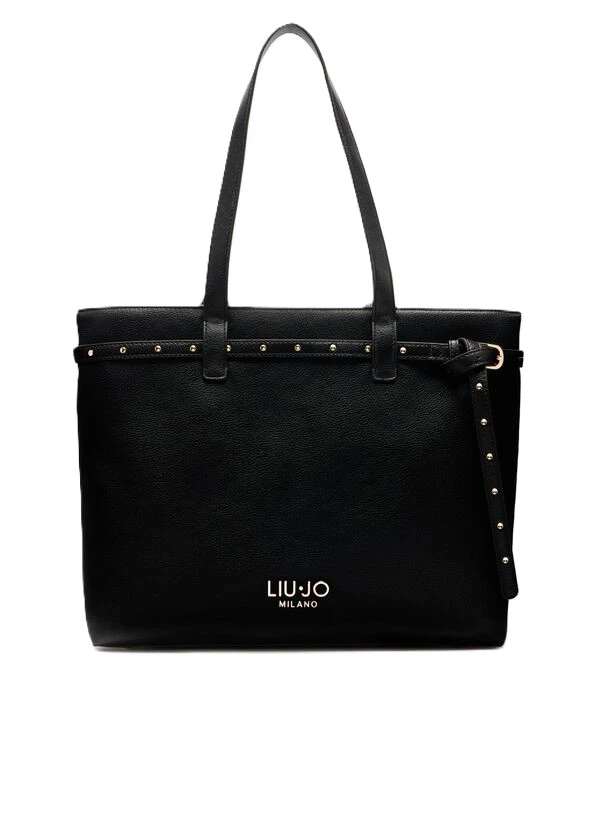 BORSA A SPALLA CON CINTURINO E LOGO DONNA NERO