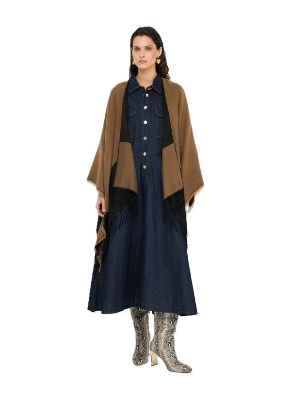 PONCHO CON LOGO E FRANGE DONNA MARRONE