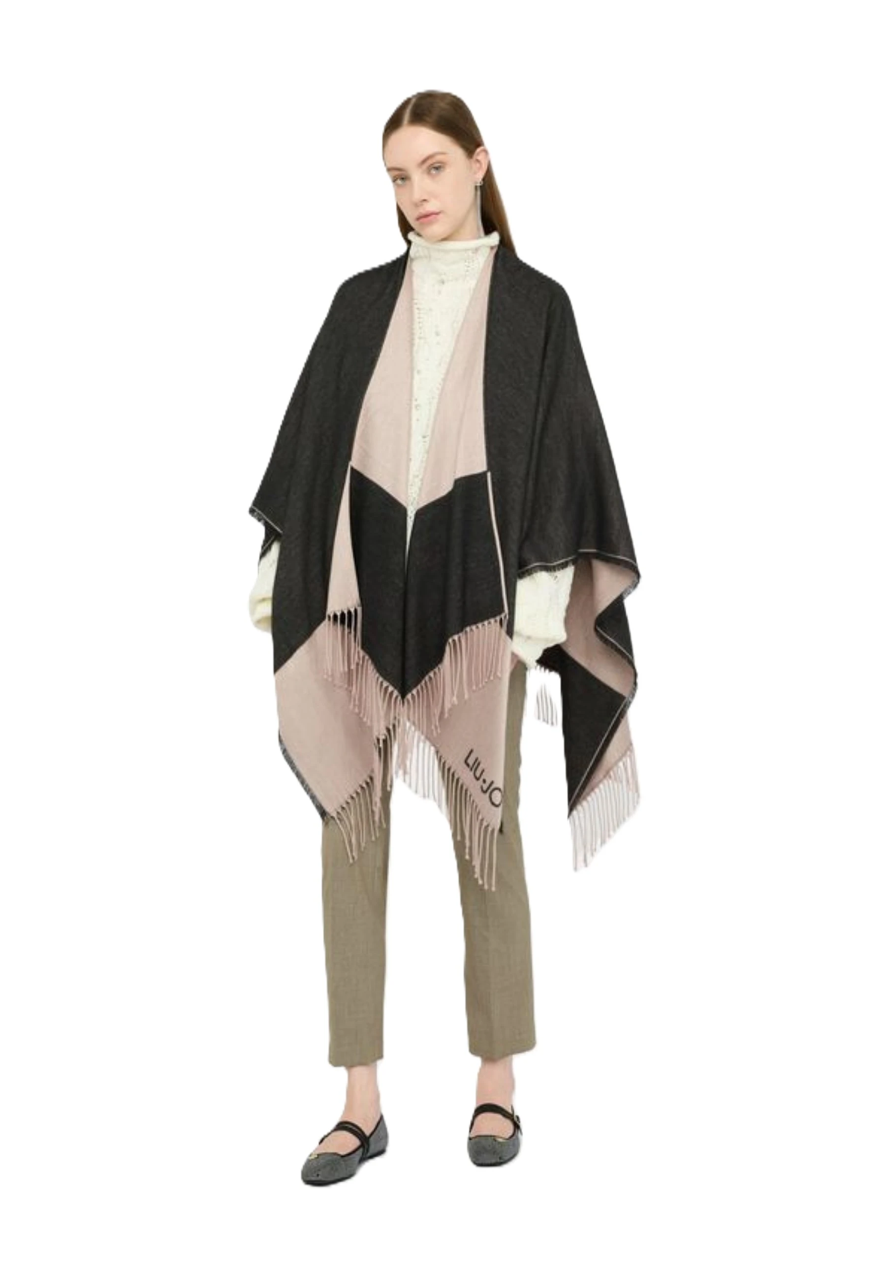 PONCHO CON LOGO E FRANGE DONNA NERO