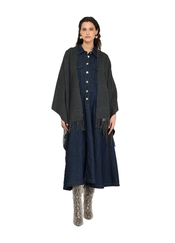 PONCHO CON LOGO E FRANGE  DONNA GRIGIO