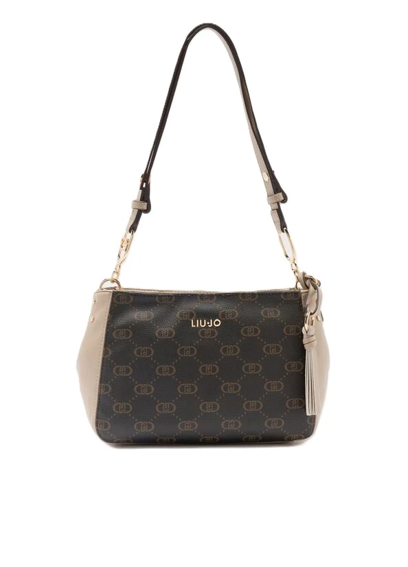 BORSA A SPALLA CON STAMPA LOGO DONNA BEIGE