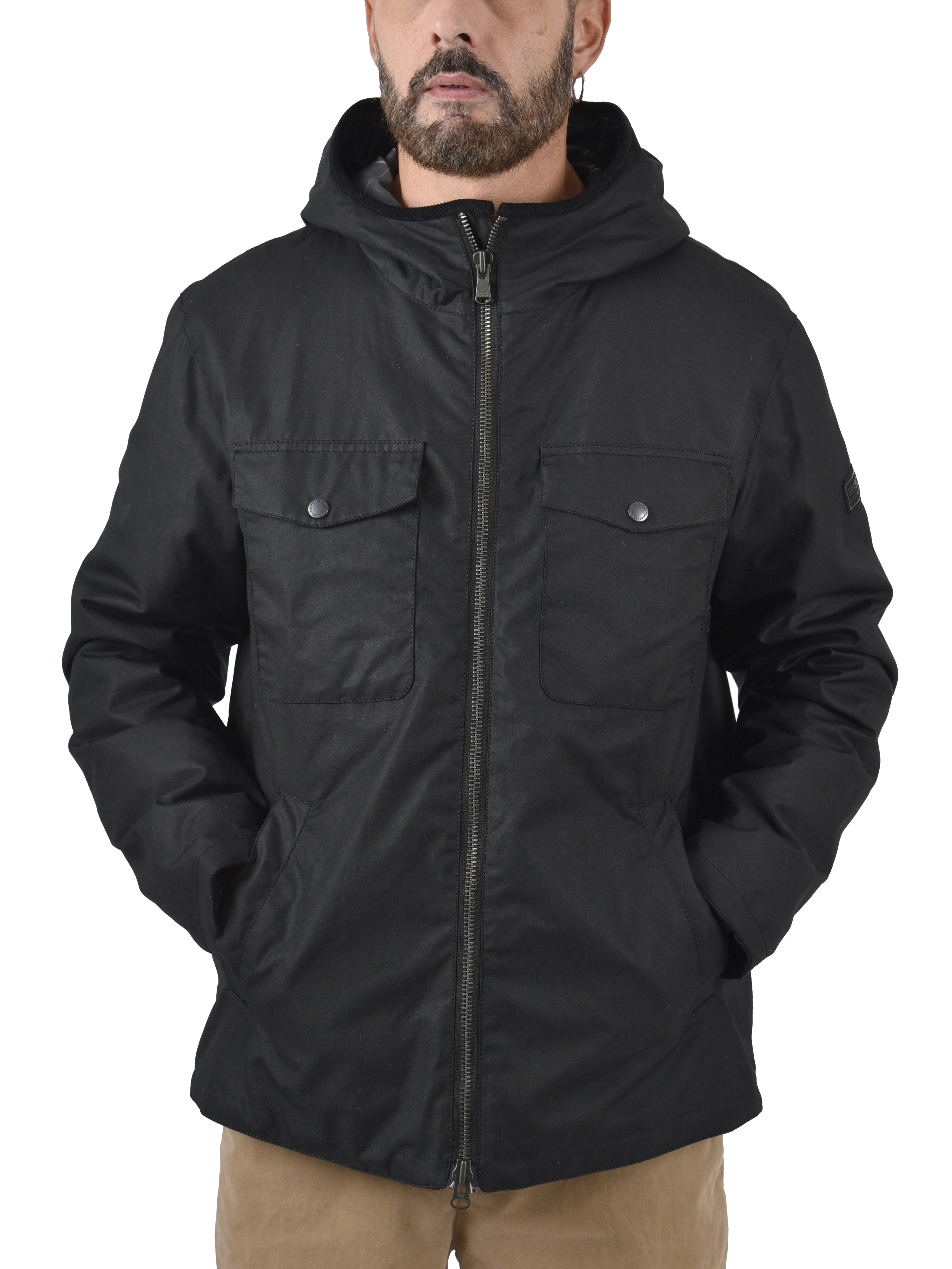 GIACCA IN COTONE CERATO CON CAPPUCCIO E DETTAGLI IN VELLUTO  UOMO NERO