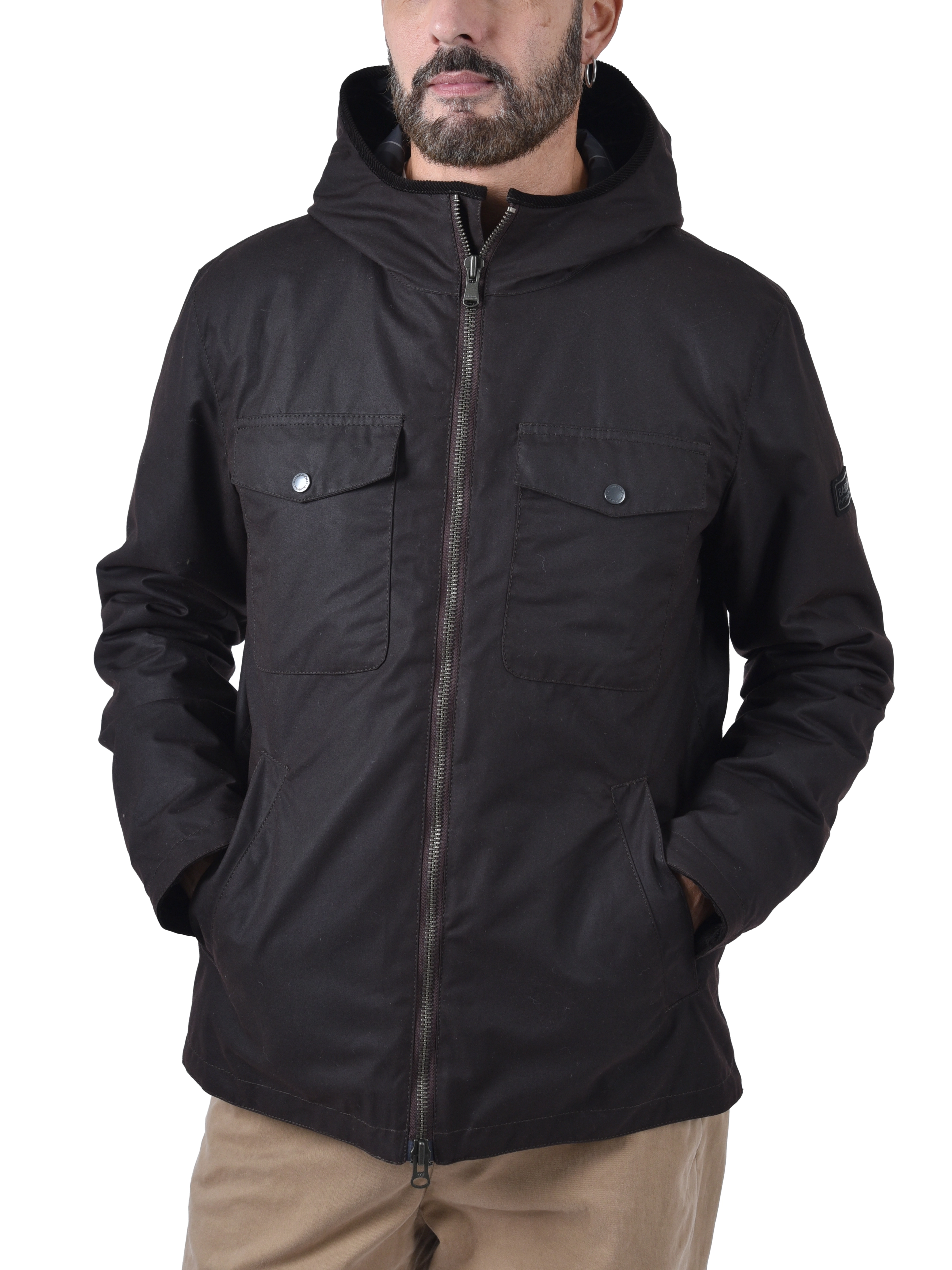 GIACCA IN COTONE CERATO CON CAPPUCCIO E DETTAGLI IN VELLUTO  UOMO MARRONE