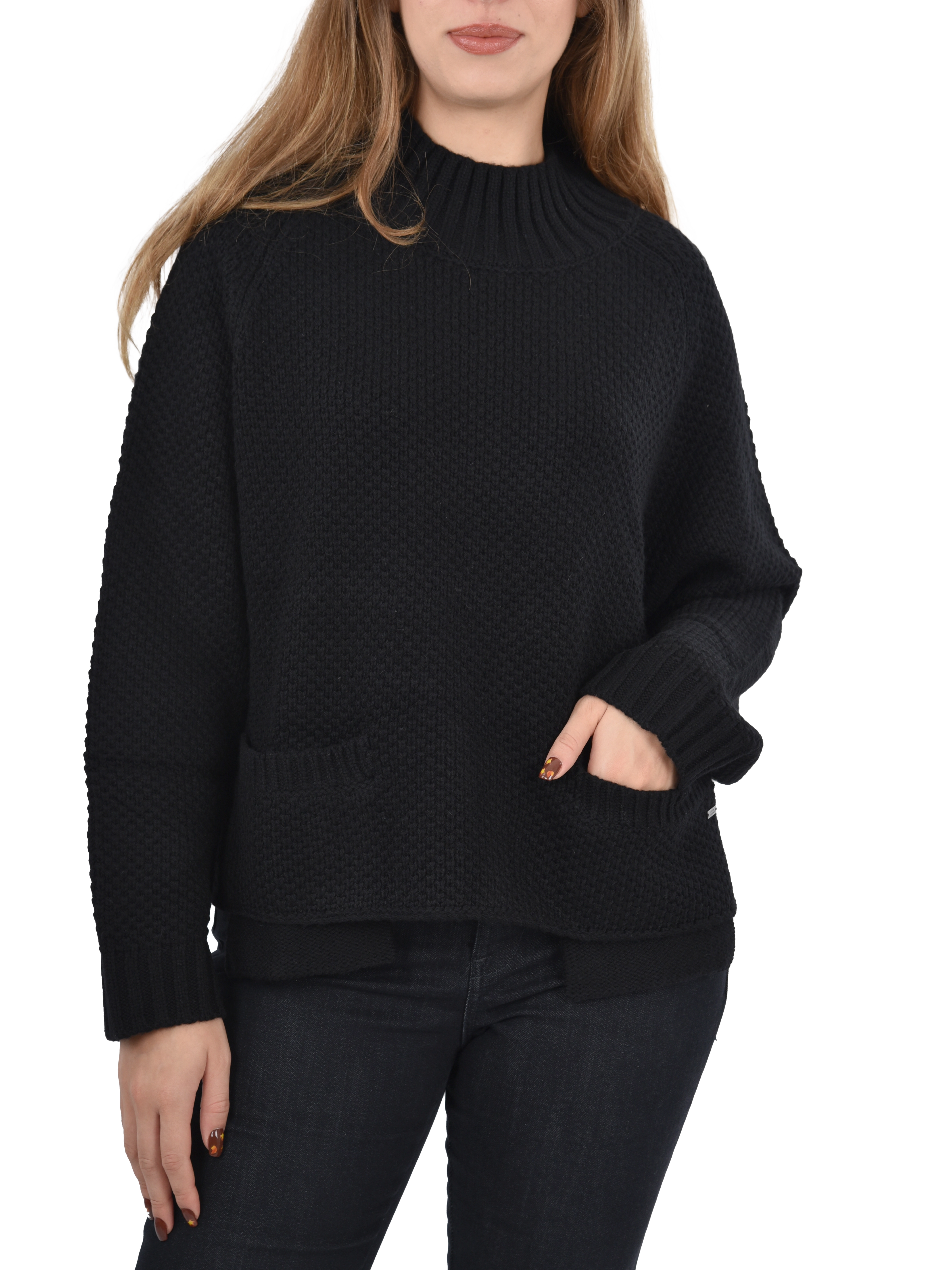 MAGLIA GIROCOLLO CON TASCHE FRONTALI A SACCO DONNA NERO