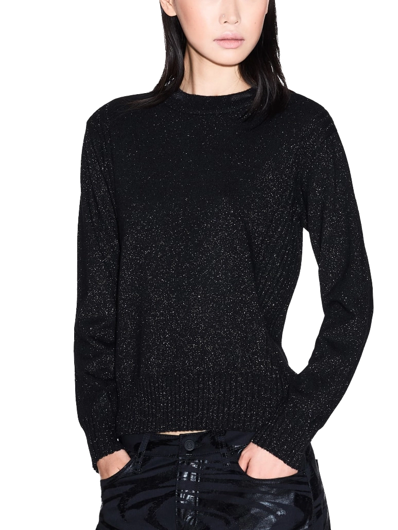 MAGLIA GIROCOLLO CON BORDI A COSTINE FILATO MISTO DONNA NERO