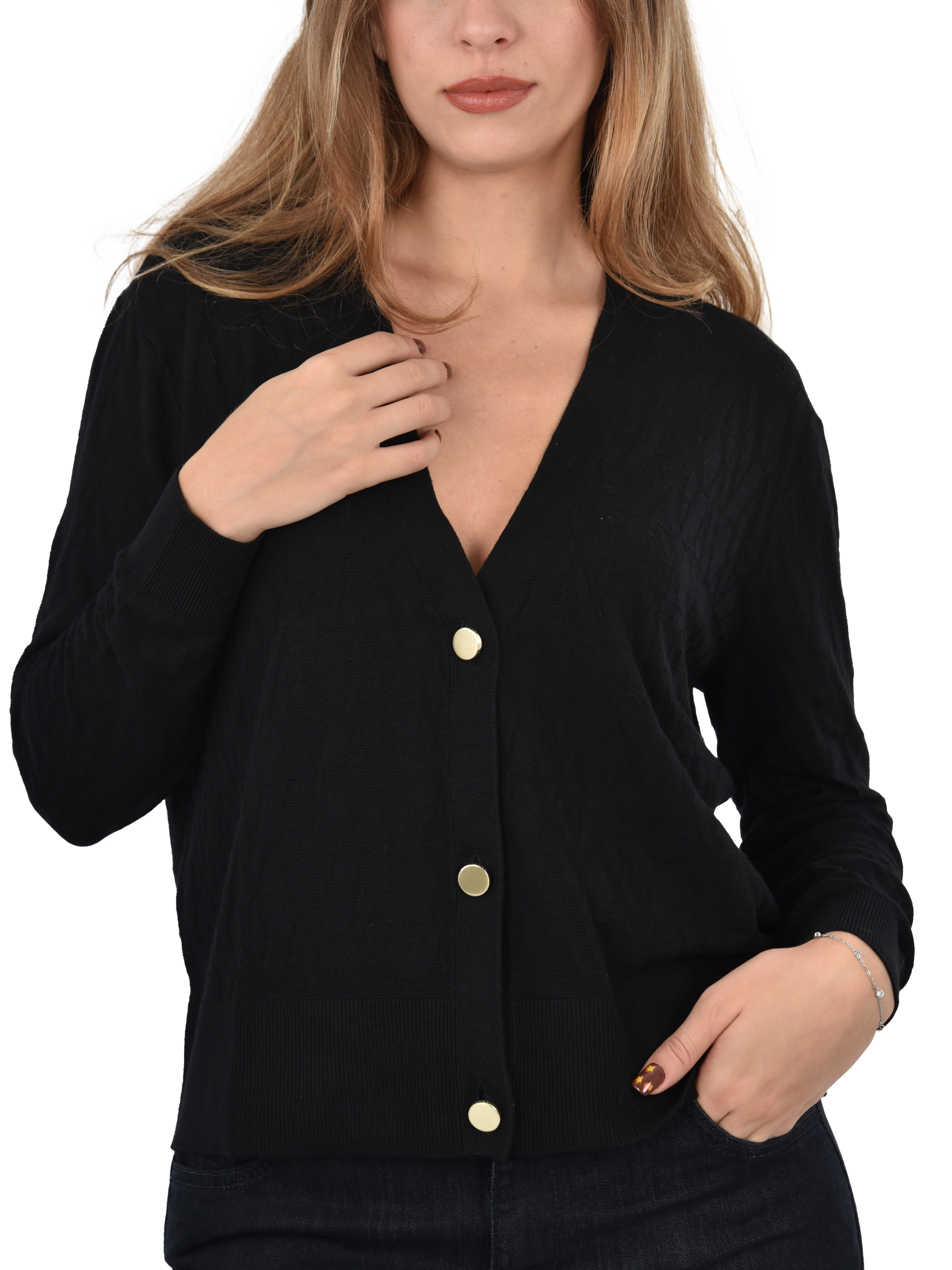CARDIGAN CON BOTTONI METALLICI A CONTRASTO DONNA NERO