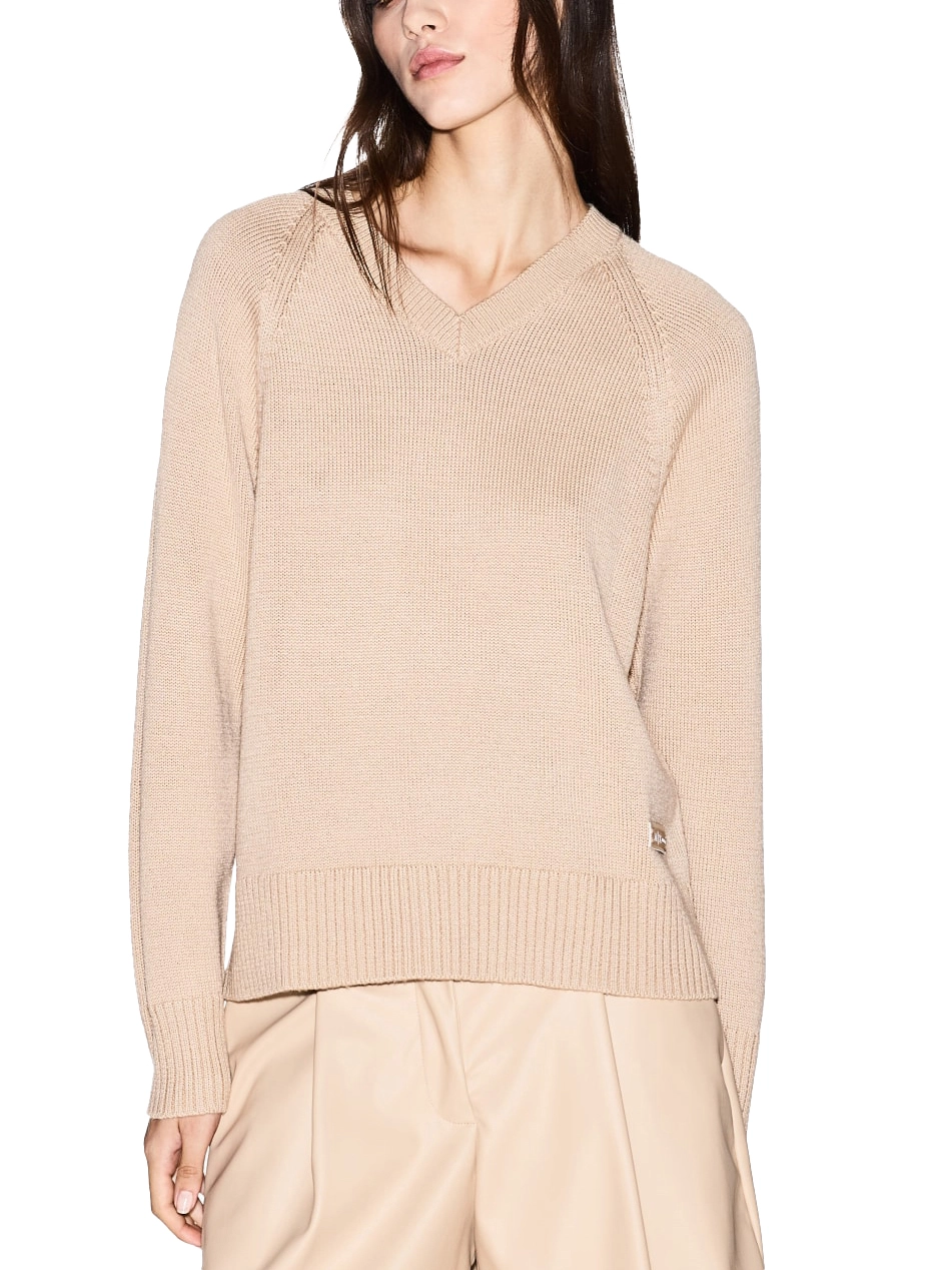 MAGLIA CON SCOLLO A V IN MISTO LANA DONNA BEIGE