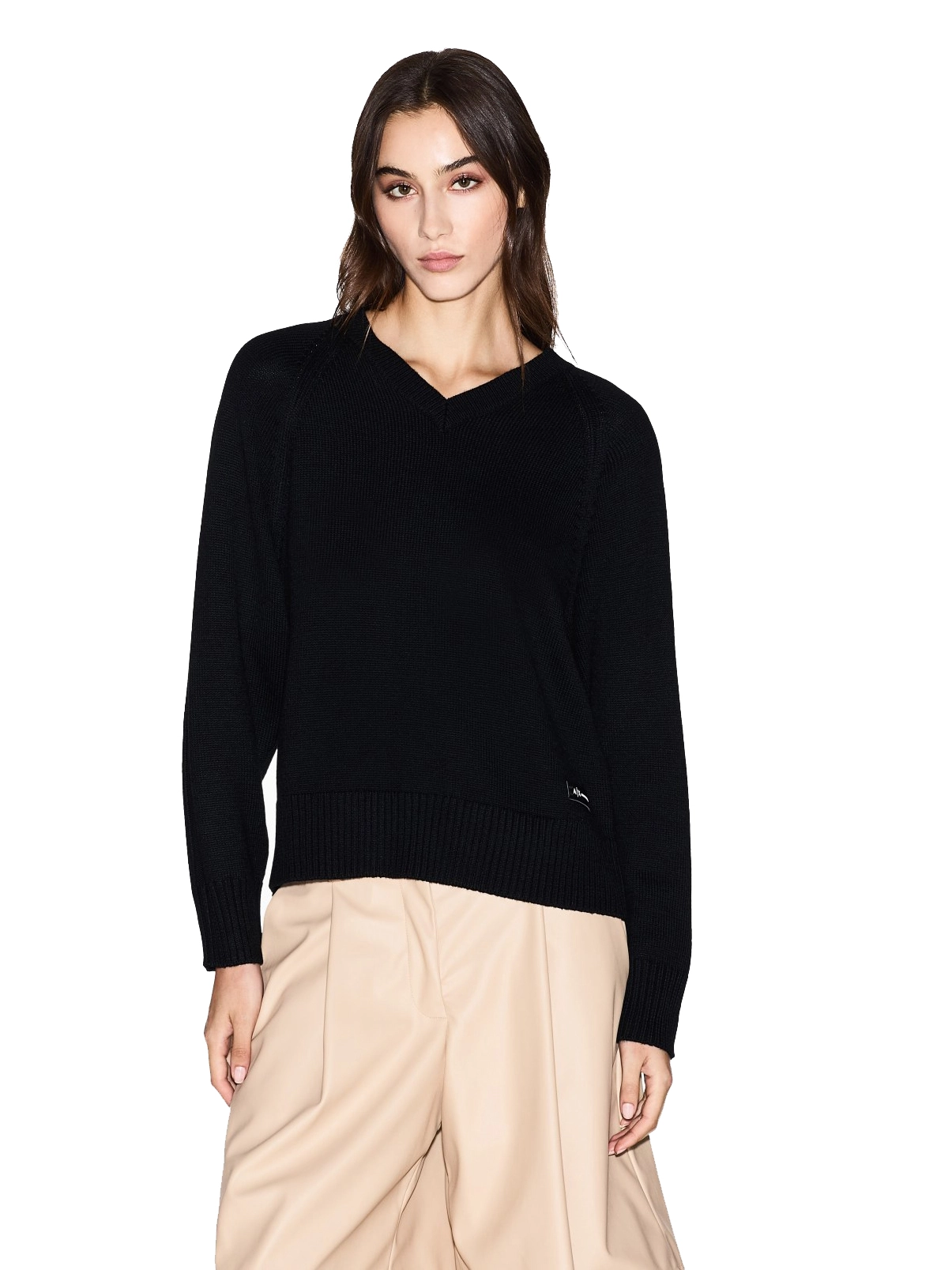 MAGLIA CON SCOLLO A V IN MISTO LANA DONNA NERO