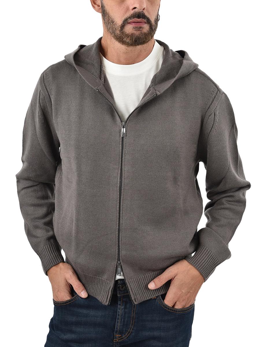MAGLIA CON ZIP E CAPPUCCIO IN MISTO LANA UOMO GRIGIO