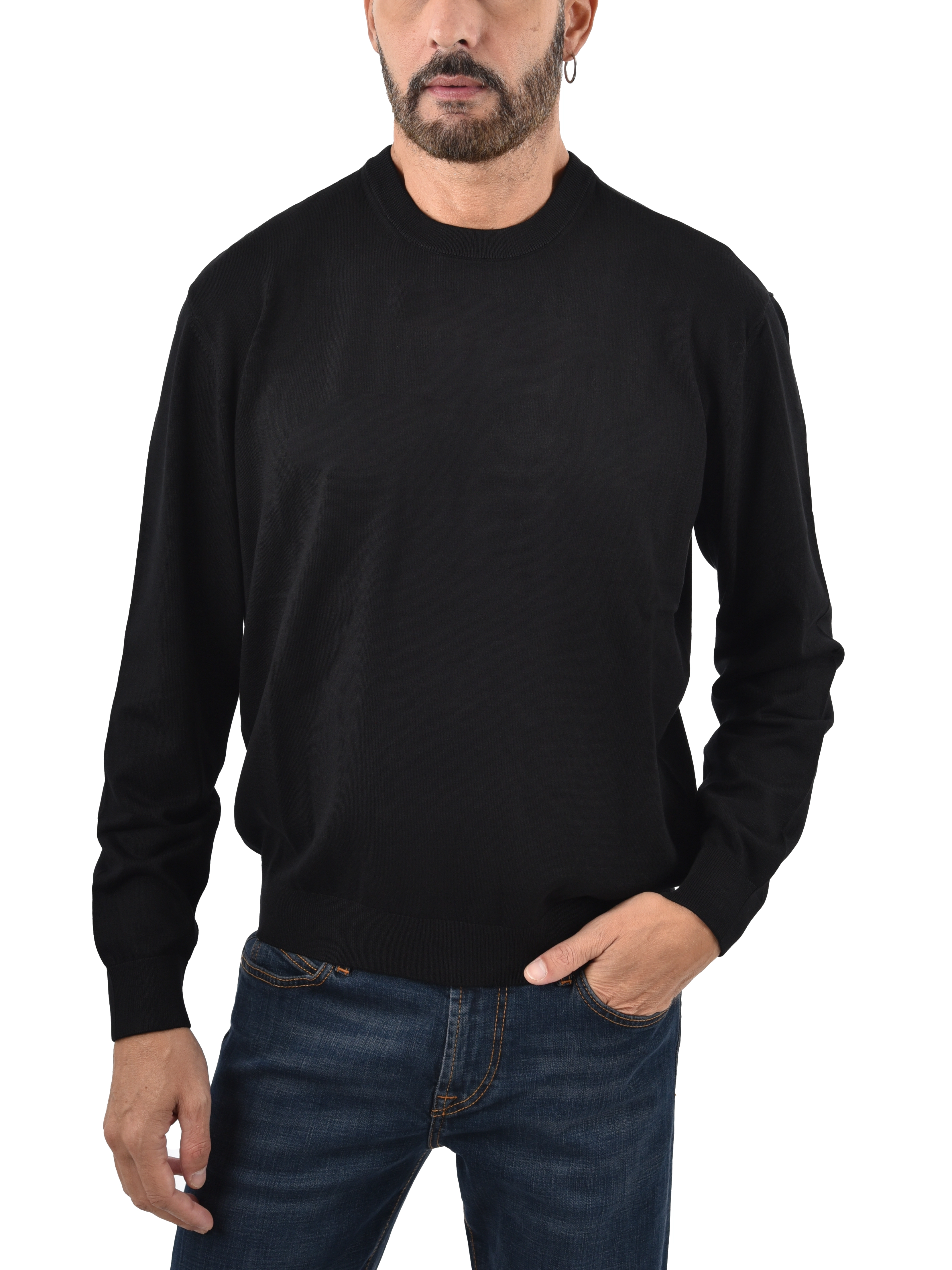 MAGLIA GIROCOLLO CON COLLO E POLSINI A COSTINE UOMO NERO
