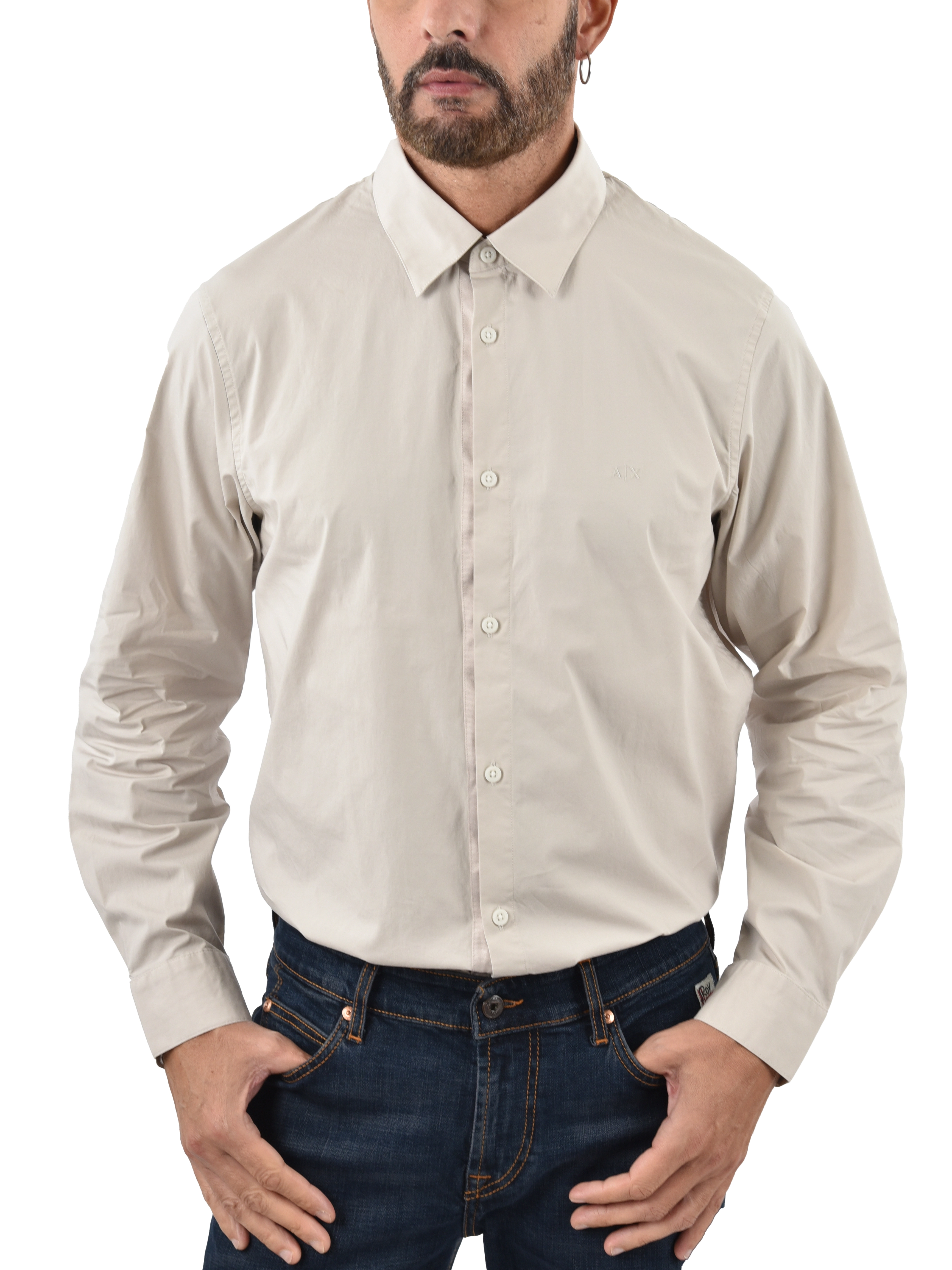 CAMICIA CON LOGO RICAMATO E COLLO CLASSICO UOMO BEIGE