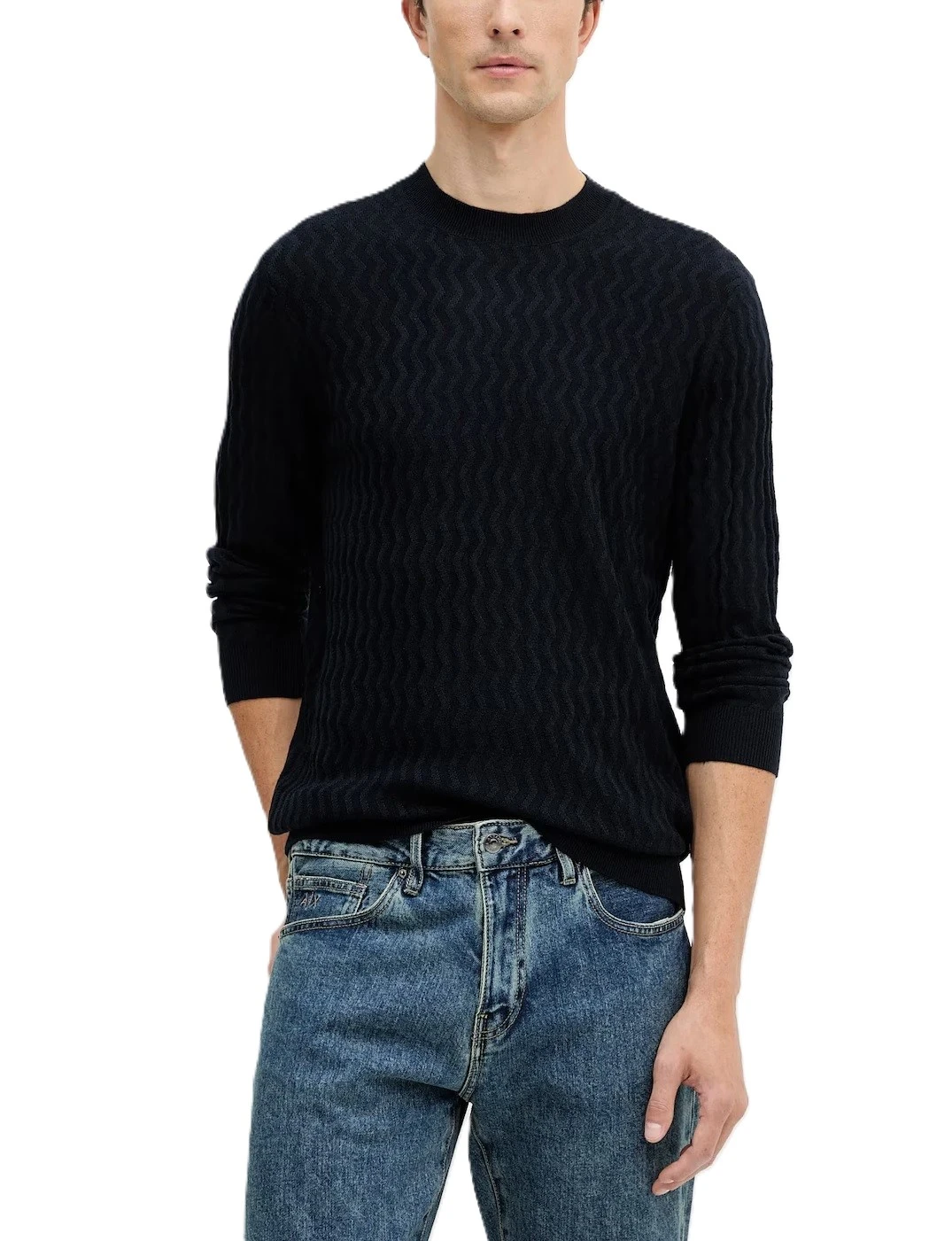 MAGLIA GIROCOLLO IN MISTO LANA CON LAVORAZIONE ONDULATA UOMO BLU