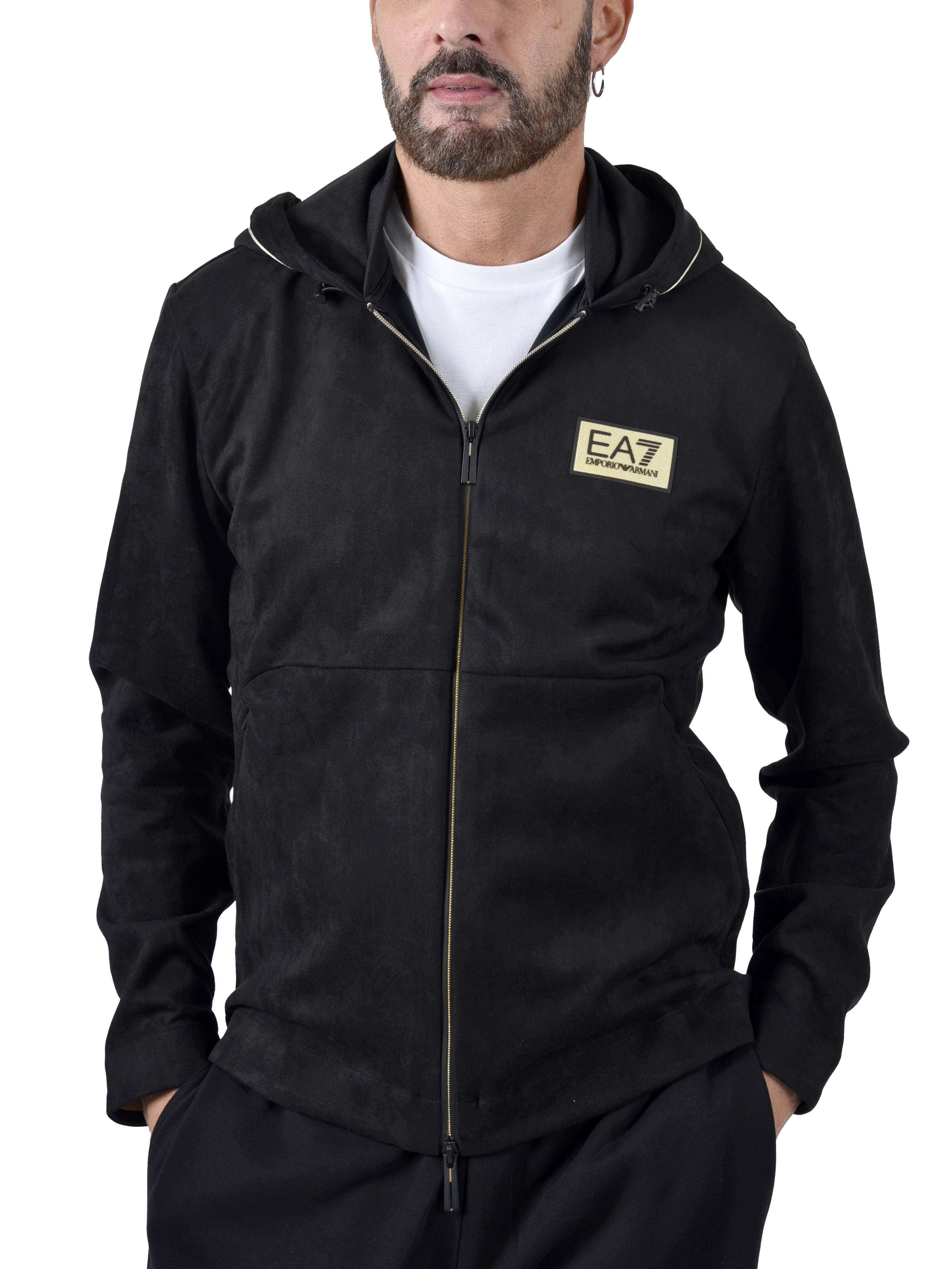 FELPA CON ZIP E CAPPUCCIO CON LOGO APPLICATO UOMO NERO