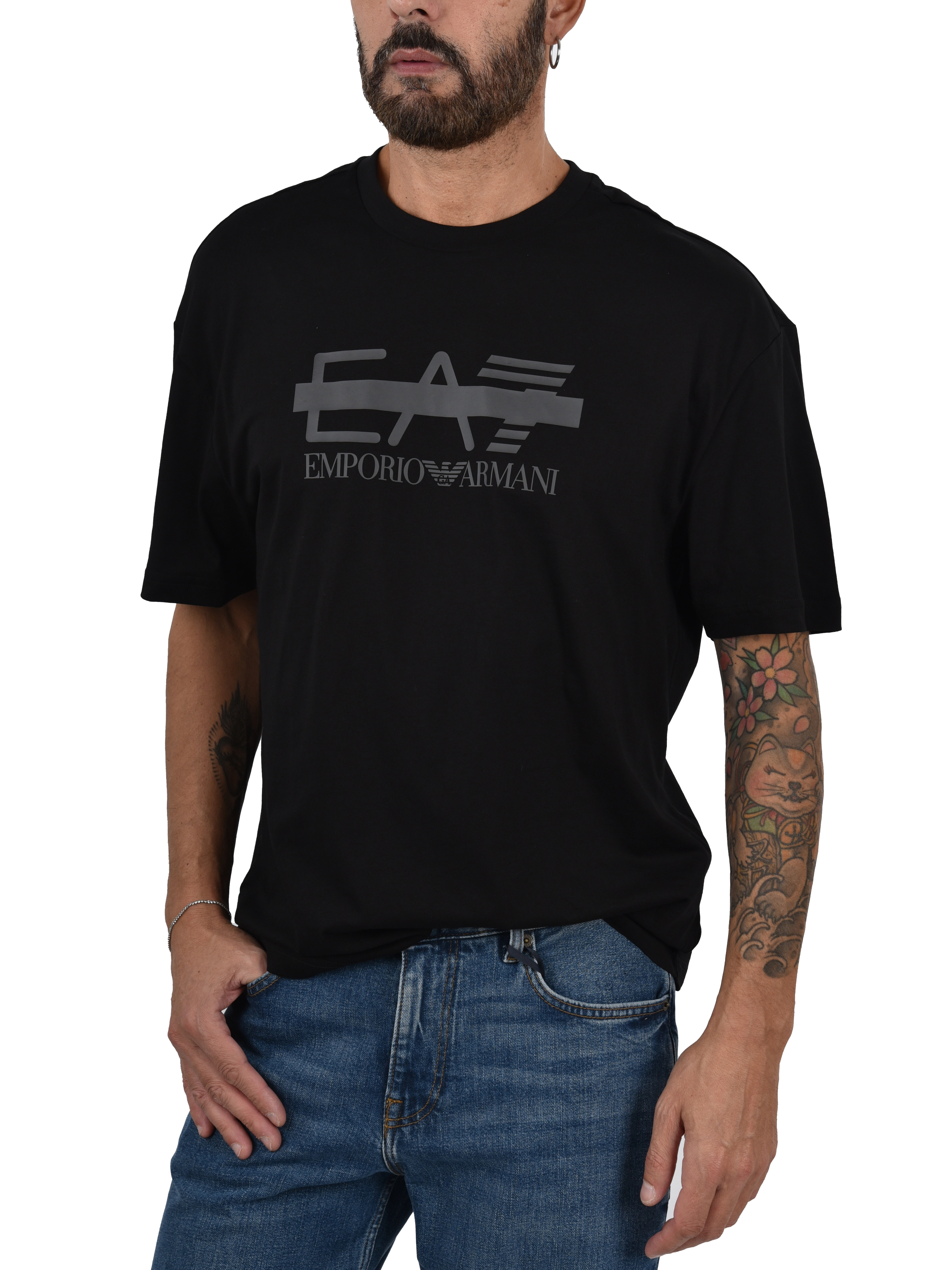 T-SHIRT MANICA CORTA CON LOGO A CONTRASTO SUL PETTO UOMO NERO