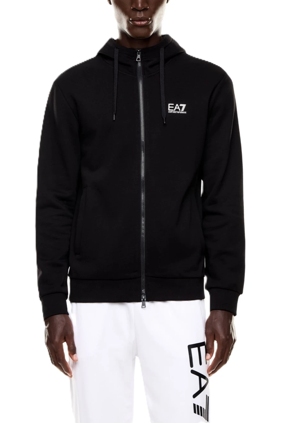FELPA CON ZIP CAPPUCCIO E LOGO A CONTRASTO UOMO NERO