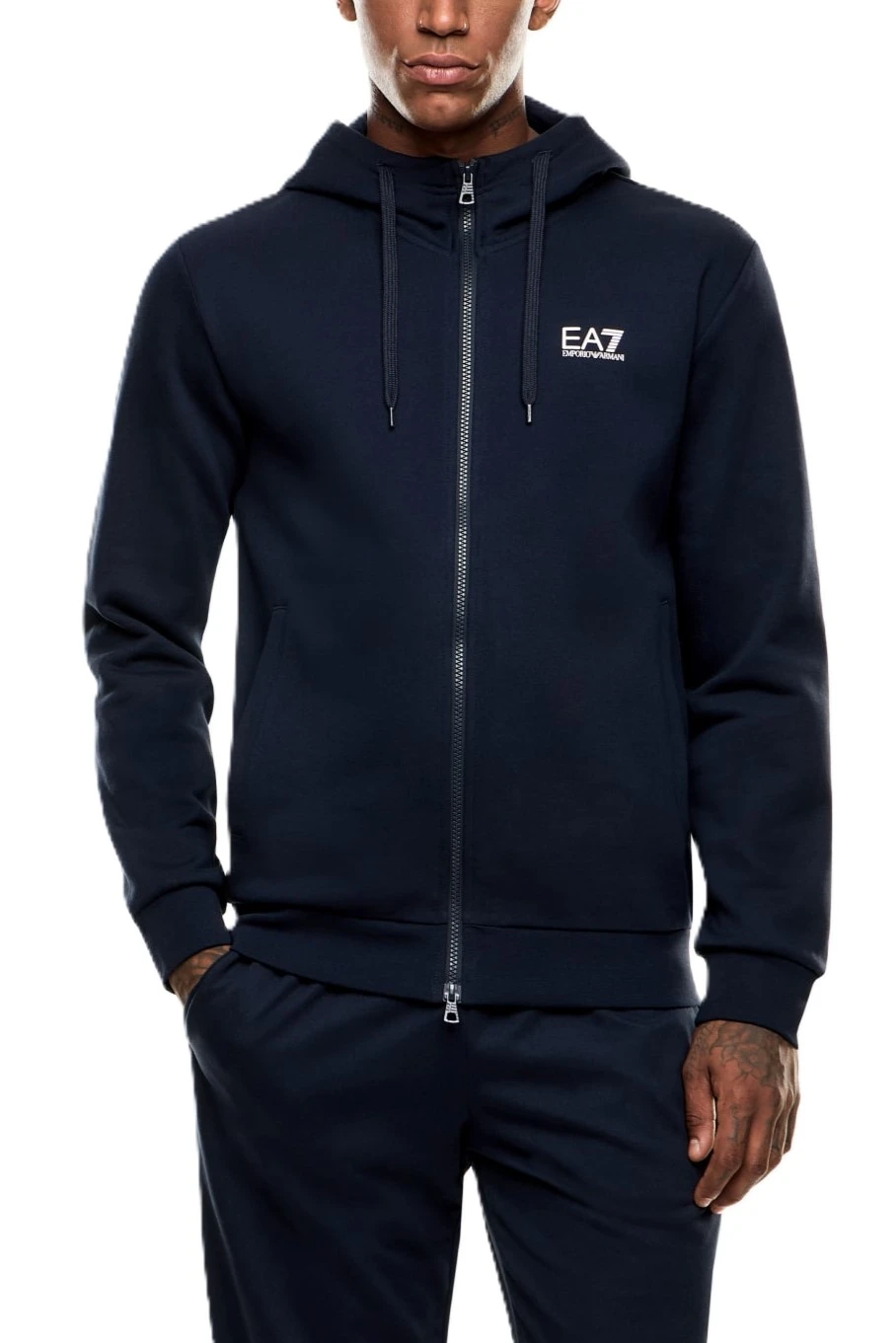 FELPA CON ZIP CAPPUCCIO E LOGO A CONTRASTO UOMO BLU