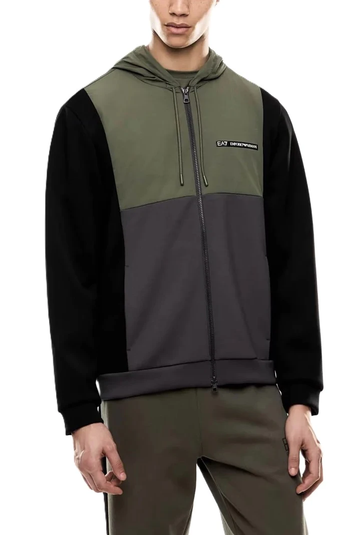 FELPA CON ZIP CAPPUCCIO  E LOGO UOMO VERDE