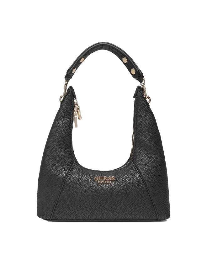 BORSA A SPALLA IN SIMILPELLE CON LOGO E CHIUSURA A ZIP DONNA NERO